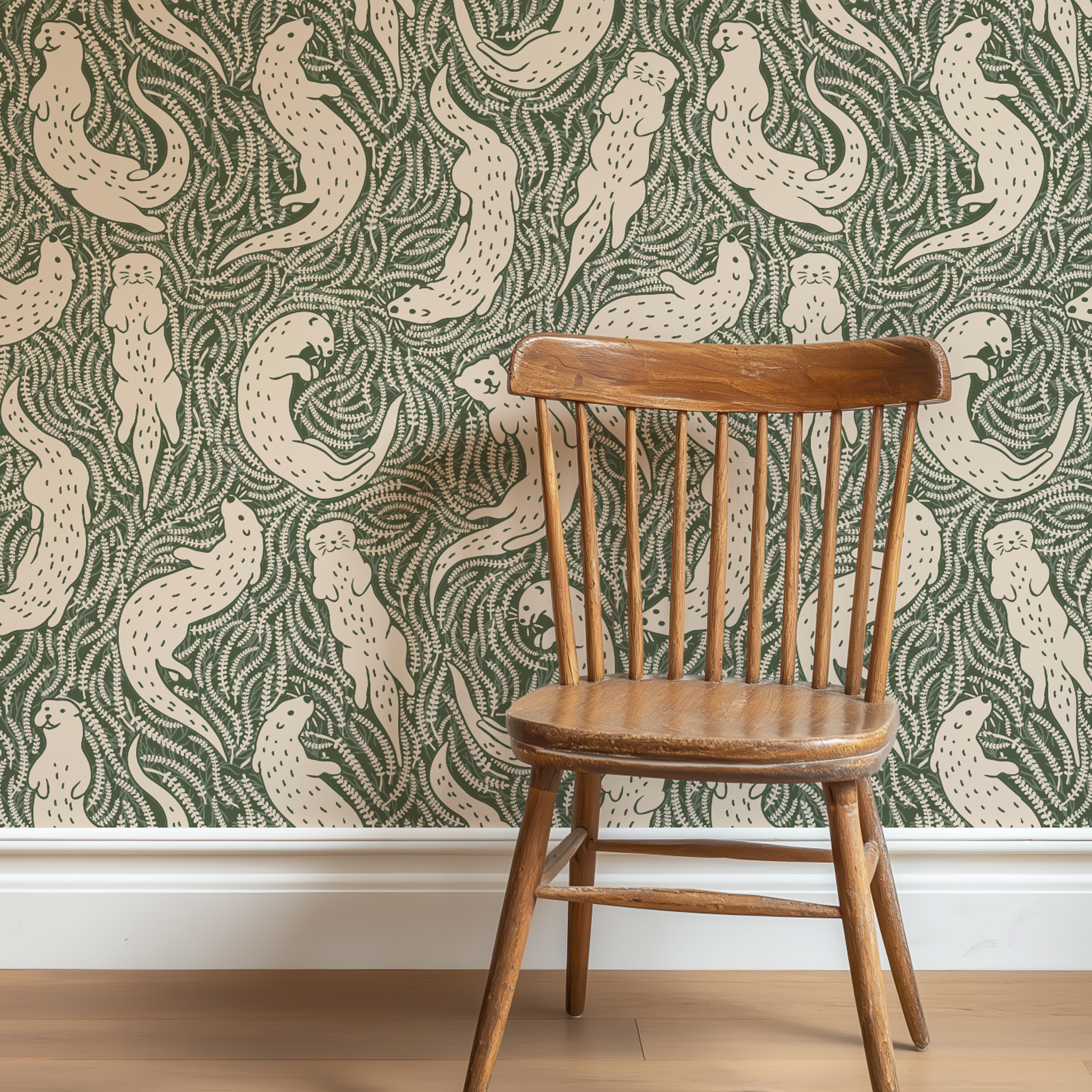 Otterly Adrift Wallpaper in Forest Green - Huggleberry Hill