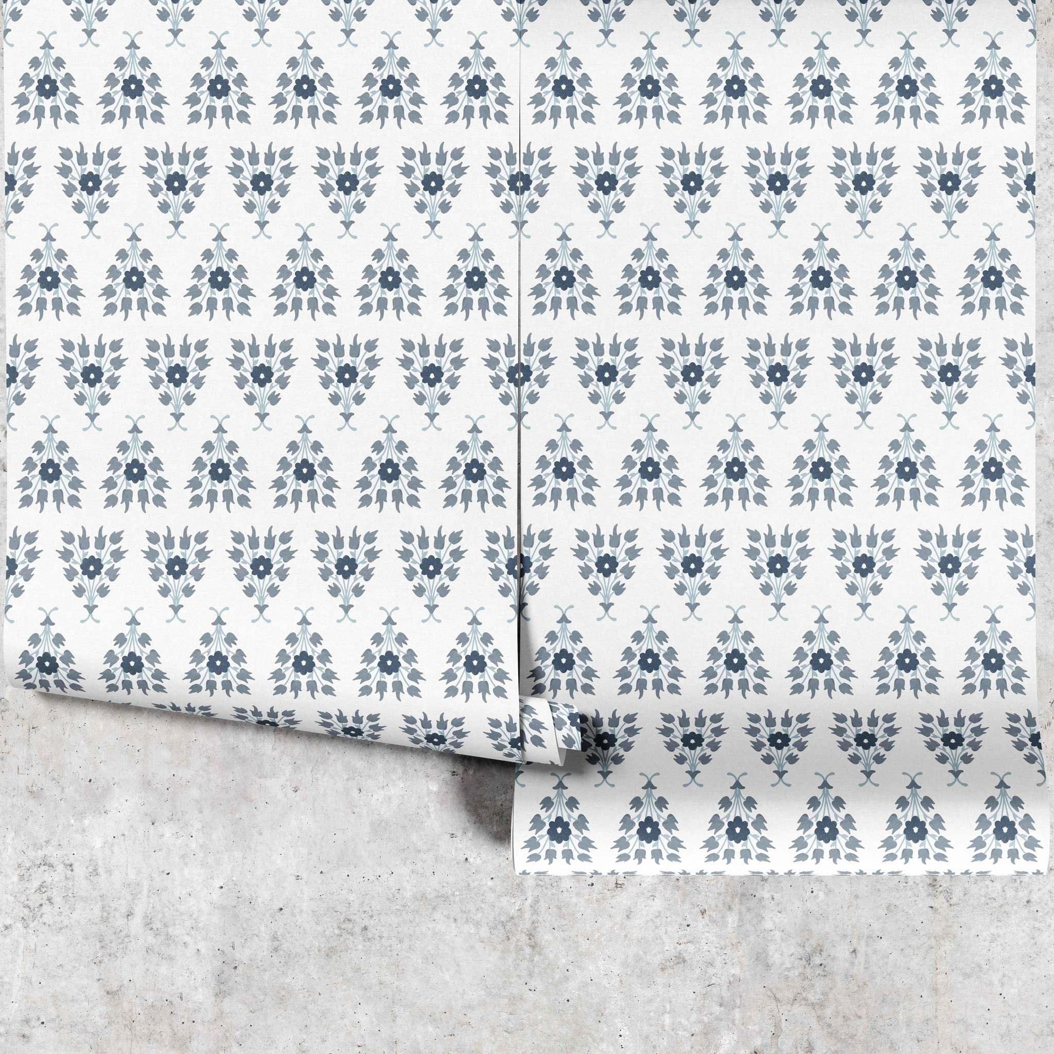 Blue Tulips and Tussie-Mussies Wallpaper – floral wall design by Huggleberry Hill