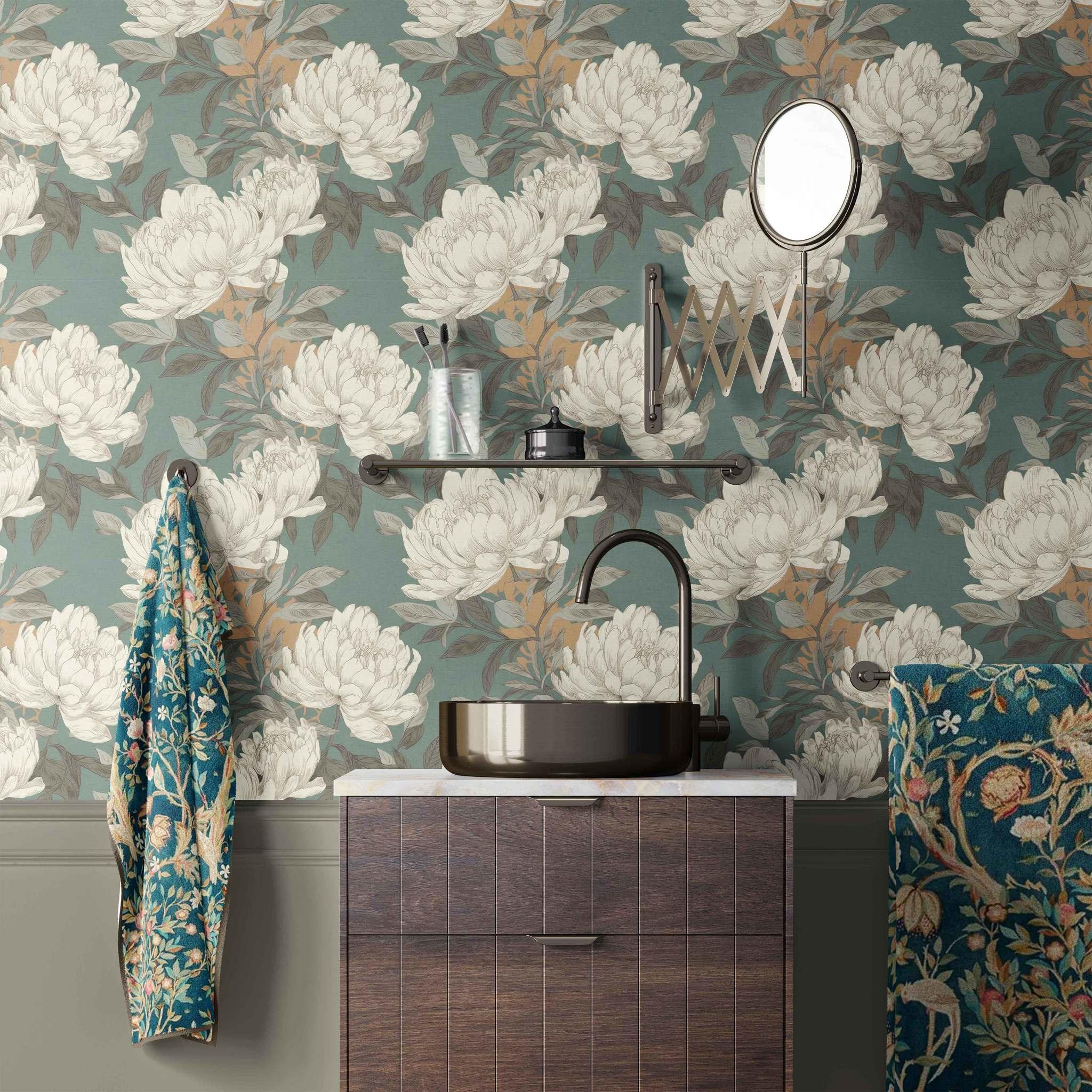 Bursting Beauty Wallpaper styled in a bathroom with large floral peonies and muted green backdrop