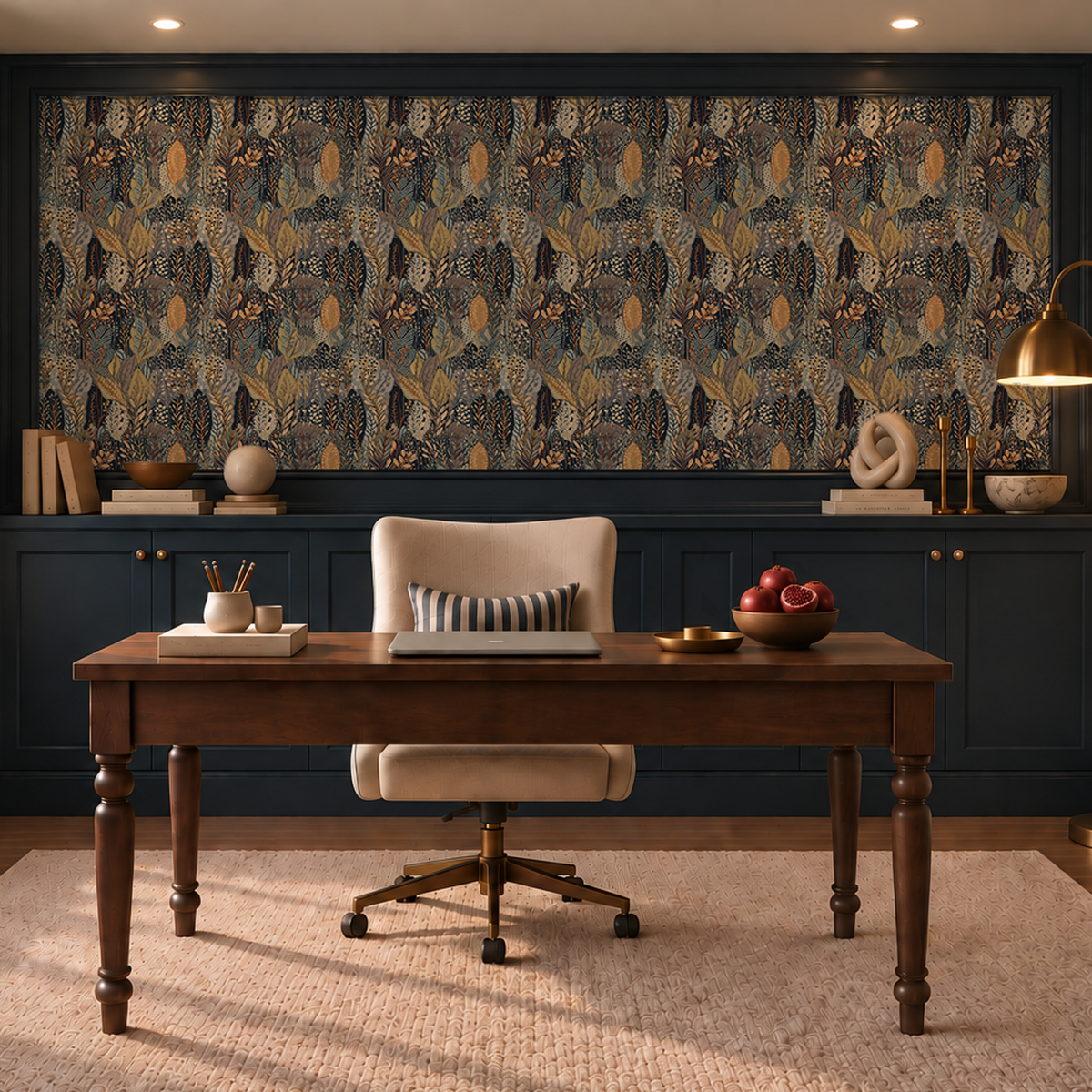 A styled home office interior featuring a dark wood desk and cream swivel chair in front of a large patterned wallpaper panel mounted above dark navy cabinetry. The room has warm wood floors, a beige rug, a window with a built-in bench and pillows, and framed wall art.