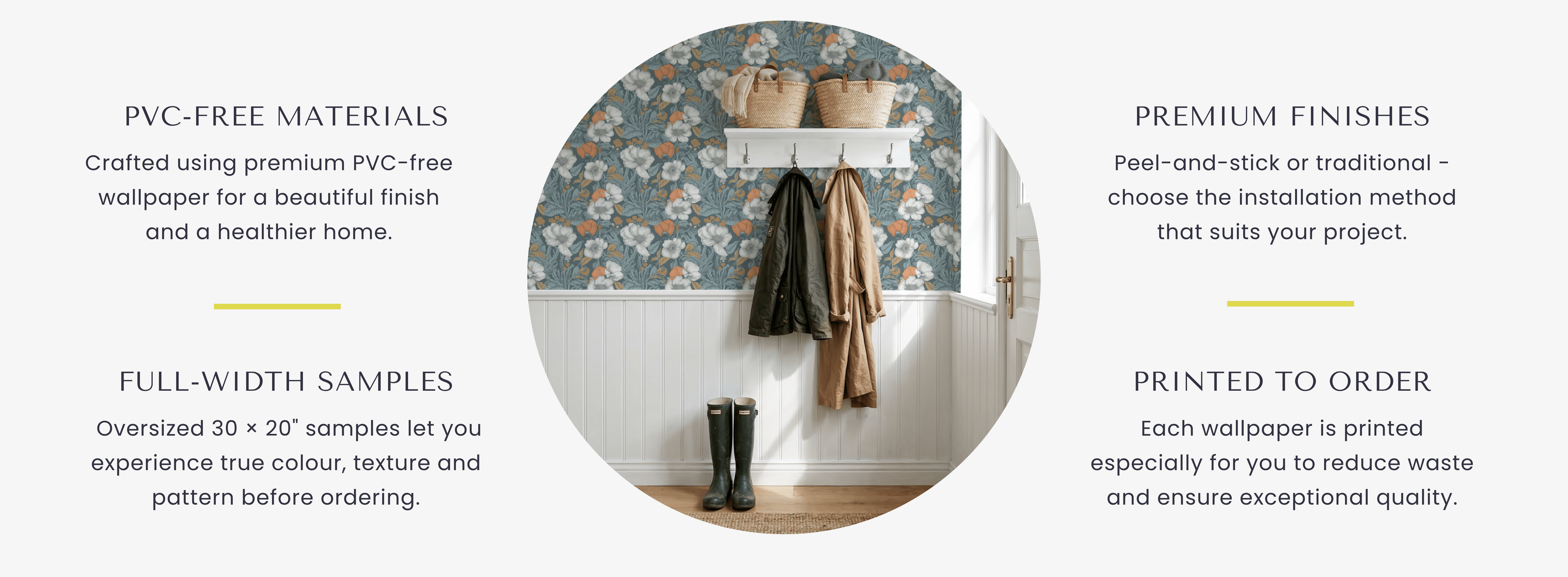 Advertisement for wallpaper with features and a sample room application.