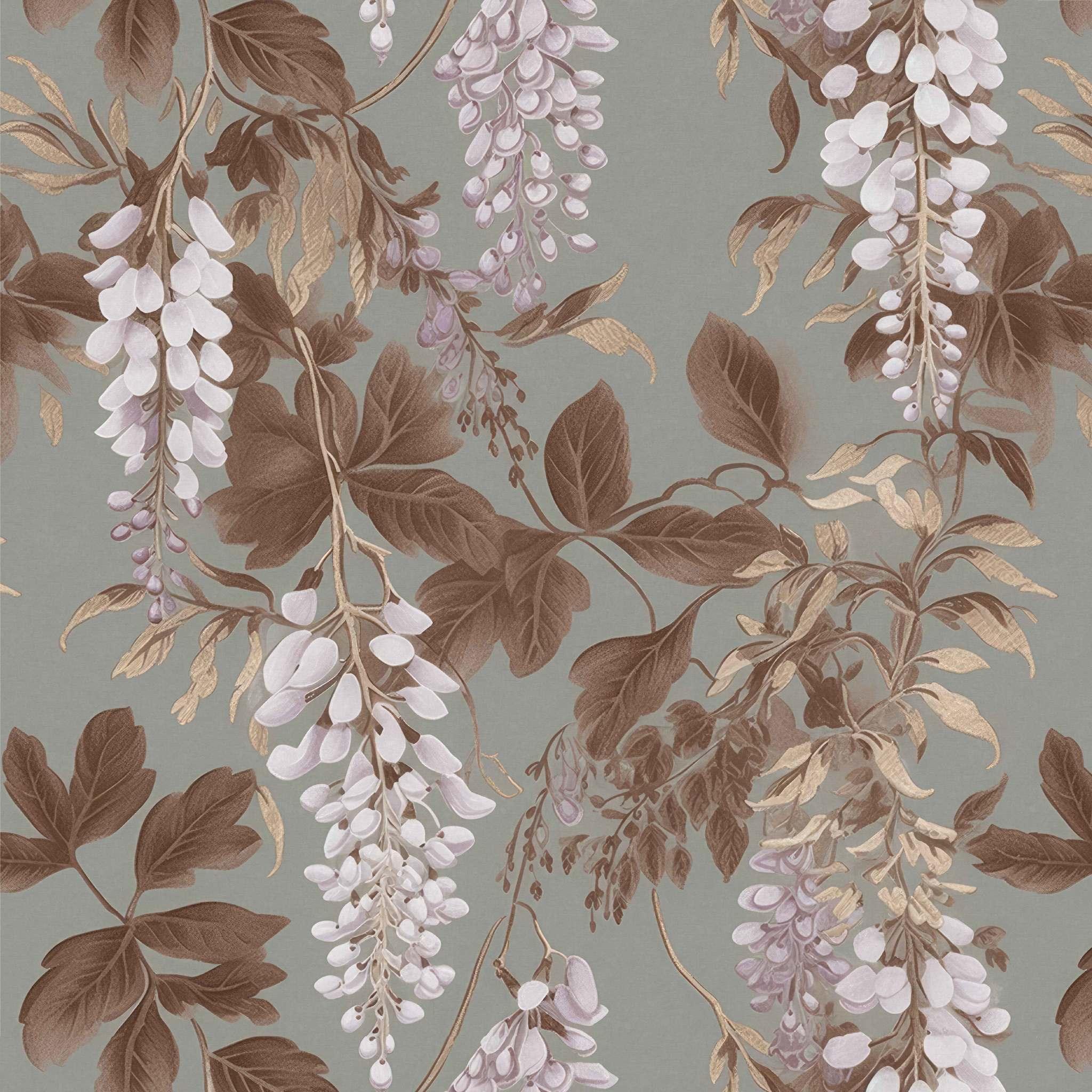 Sweet Serenity Wallpaper swatch – sage background with lilac blooms and golden leaves - Huggleberry Hill