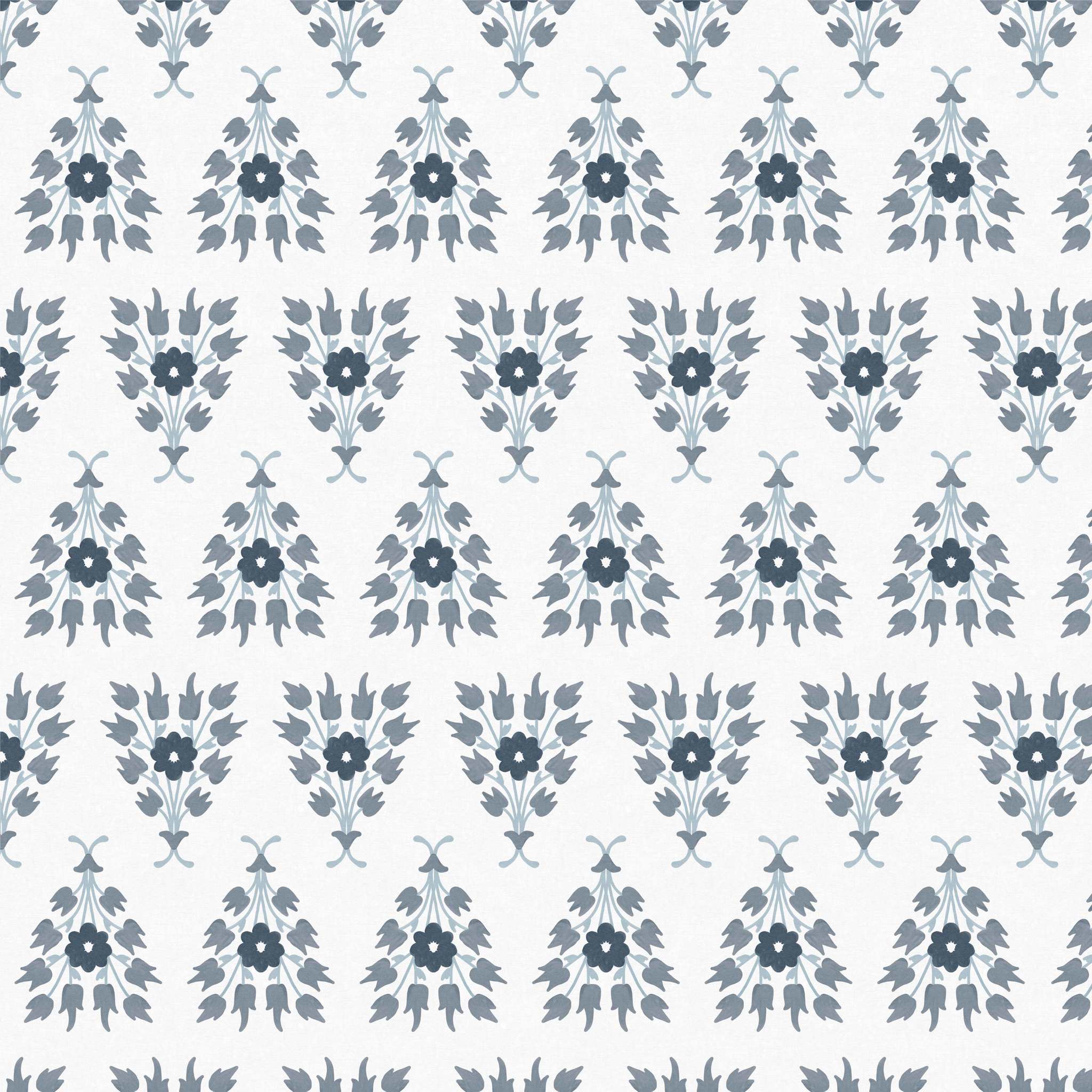 A repeating floral motif in soft blue and slate tones on a light background, with stylized tulips and leaves arranged in symmetrical bouquets