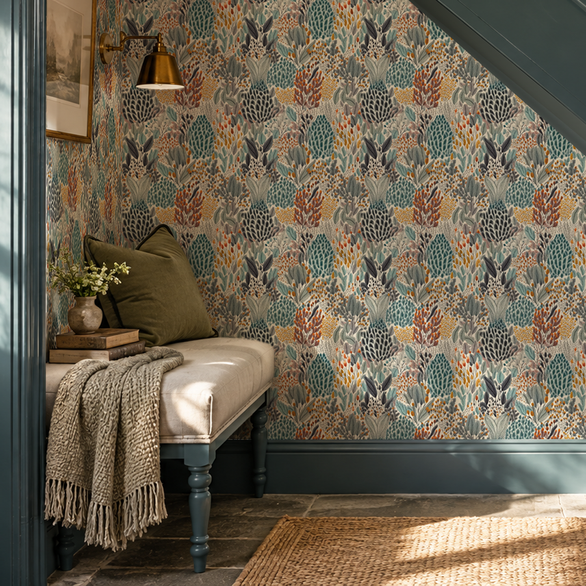 An entryway under stairs nook decorated with a moody woodland wallpaper accented by slate blue wood and a bench with cushion and blanket.