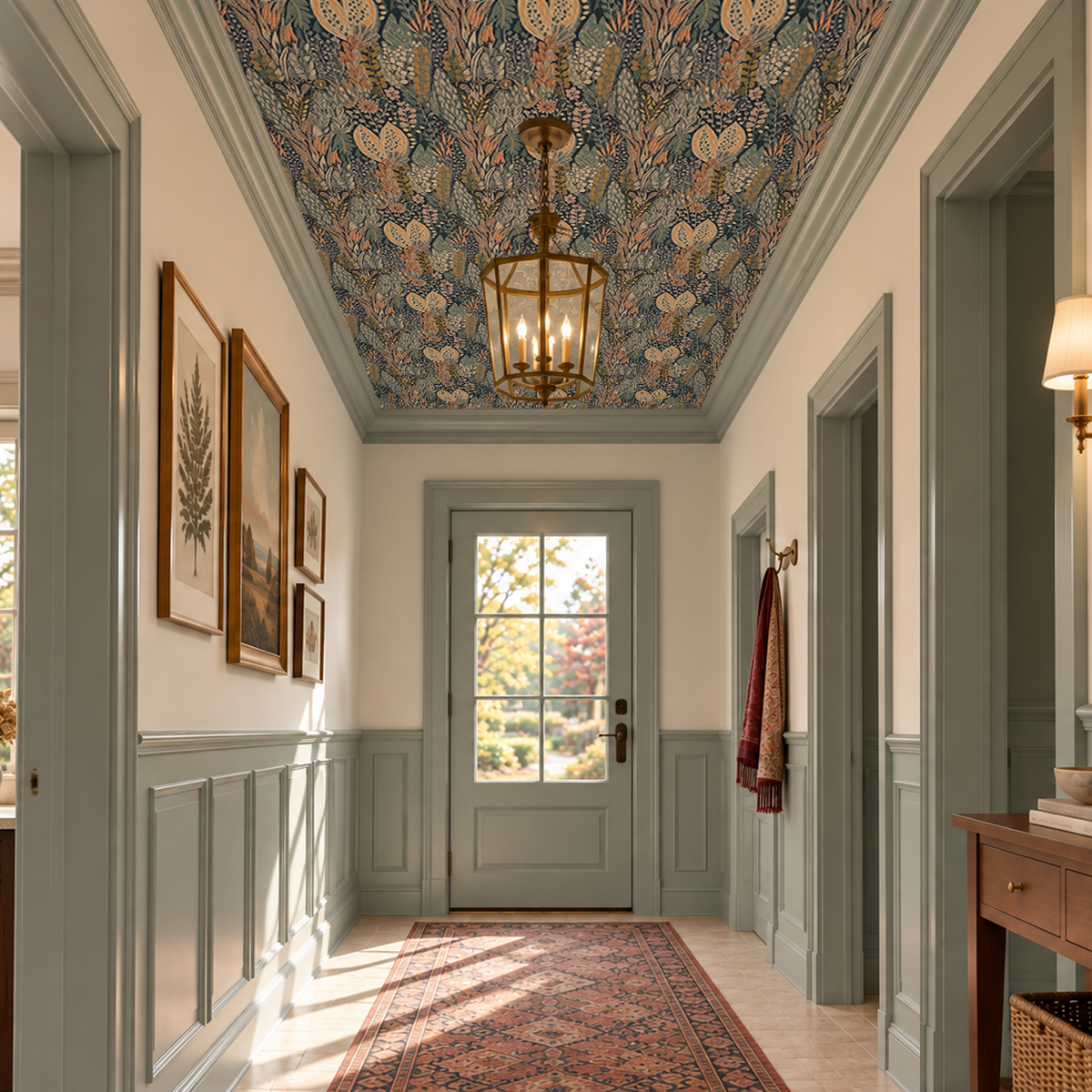 An English countryside cottage hallway with duck egg blue woodwork and a ceiling wallpapered in a moody woodland meadow design