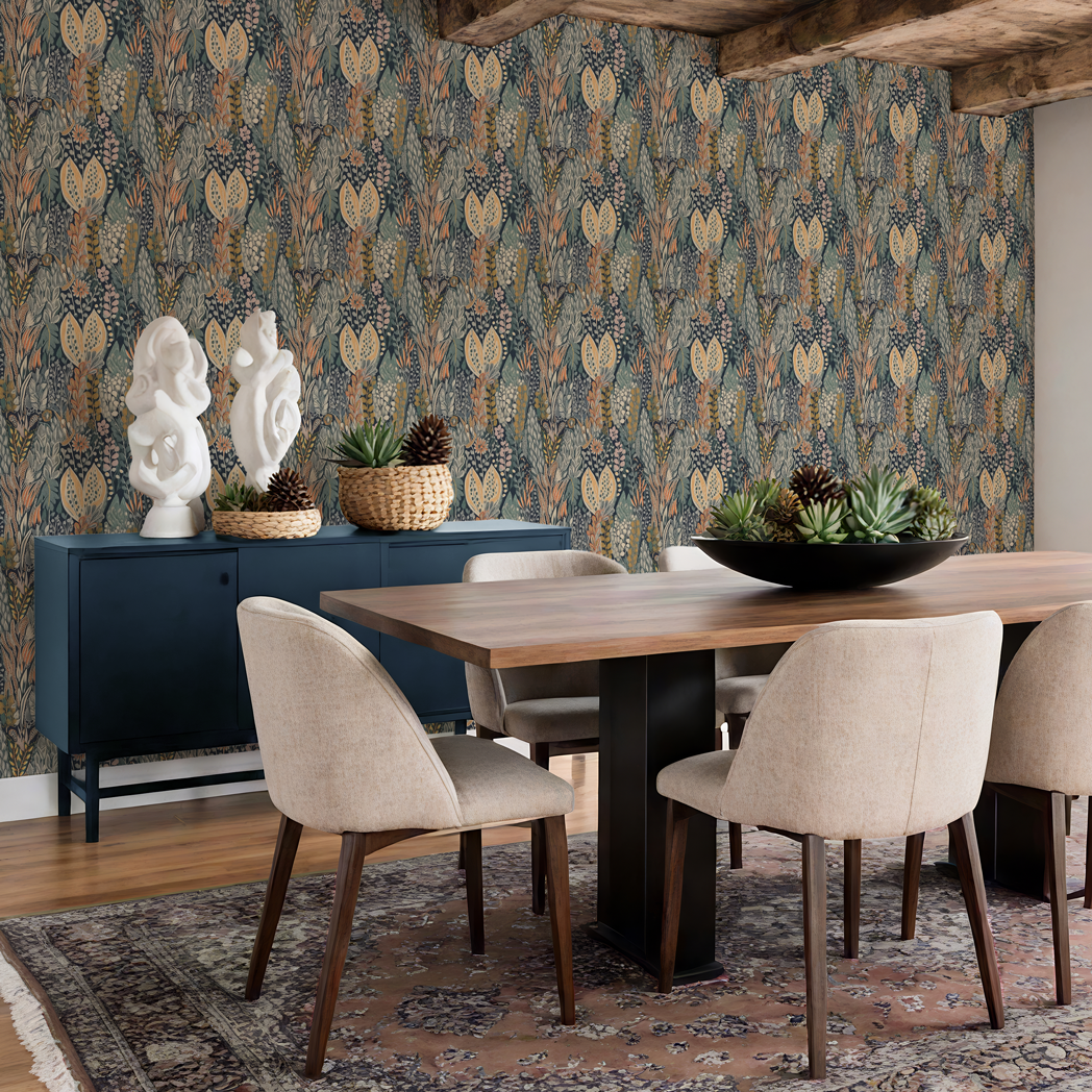 modern rustic dining room with leaf pattern wallpaper