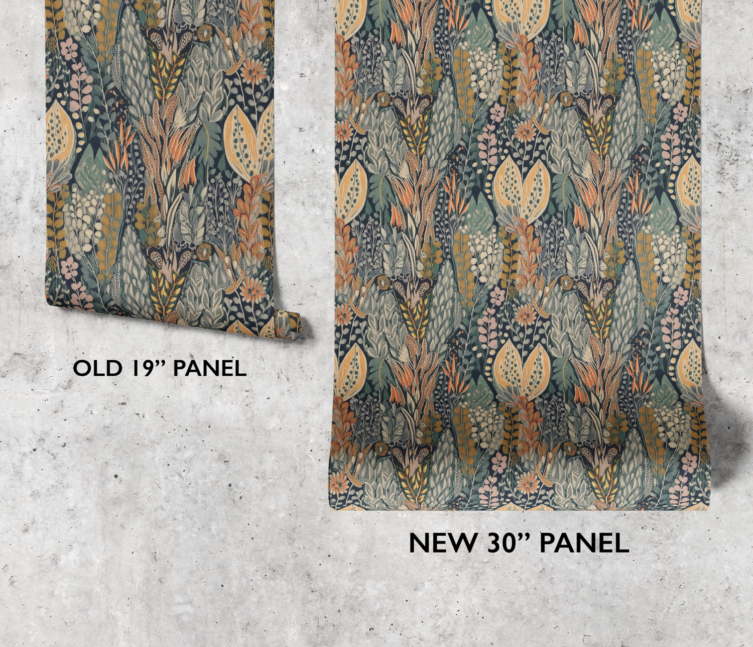 Concrete wall showing Mystic Meadow wallpaper panels in 19" and 30"