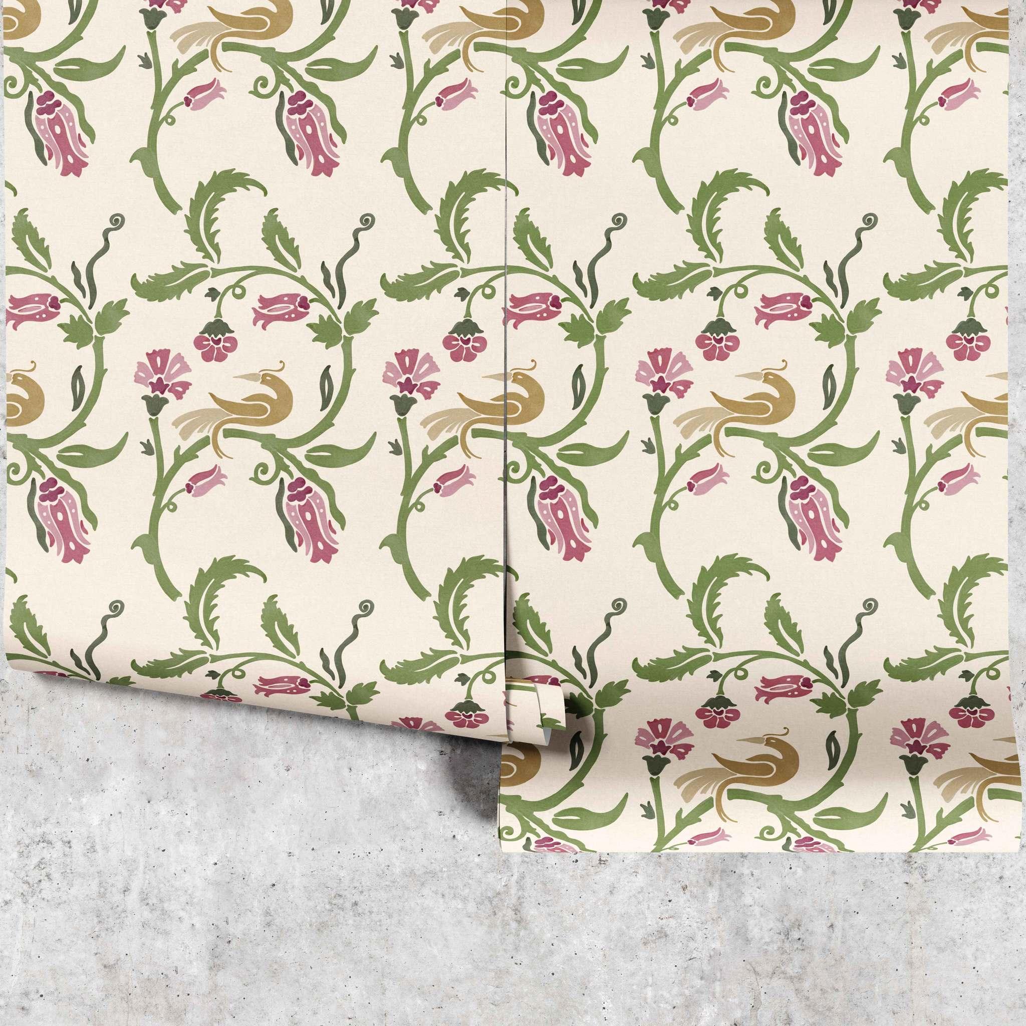 Enchanted Honeysuckle wallpaper full panels showing vintage bird and floral pattern - Huggleberry Hill