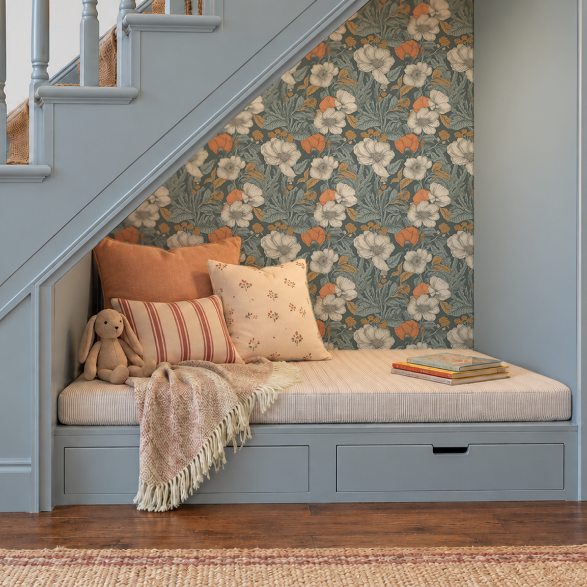 A cozy built-in daybed under a staircase with floral wallpaper, styled with orange and cream pillows, a beige throw blanket, a plush bunny toy, and a stack of books.