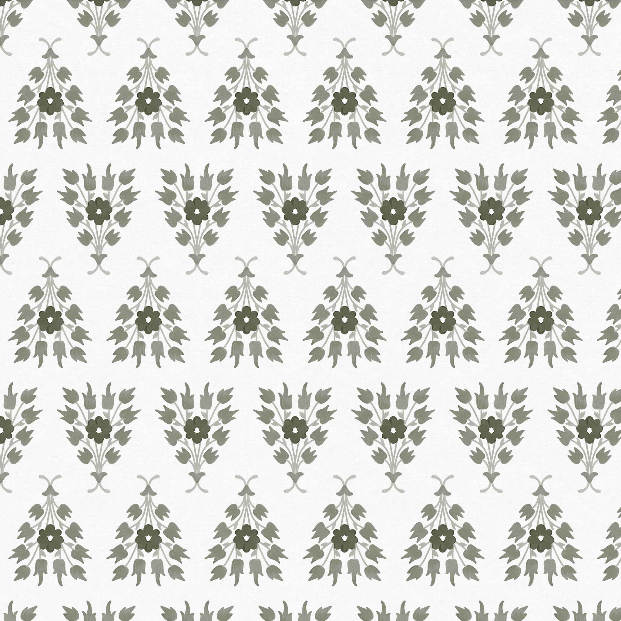 Closeup of Green floral wallpaper with tulips and tussie-mussie bouquet pattern, vintage-inspired botanical design - Huggleberry Hill