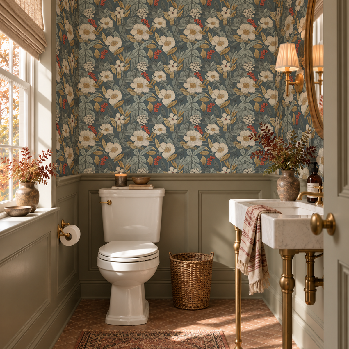 A beautifully styled bathroom featuring floral wallpaper on the back wall, sage green wainscoting, a white toilet, a marble sink with brass legs, and a patterned rug.