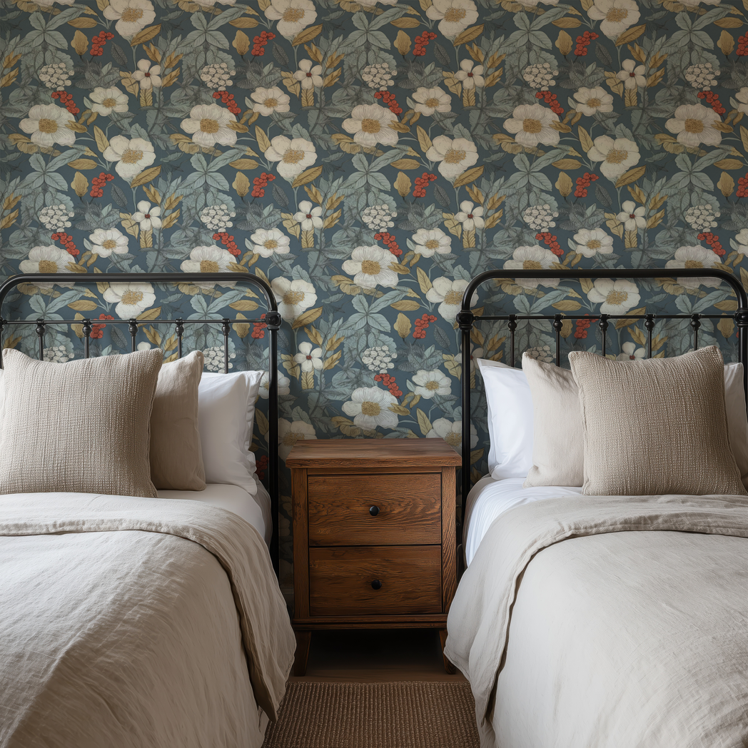 Blue botanical wallpaper with white anemone flowers and foliage in a bedroom with twin beds and wooden nightstand