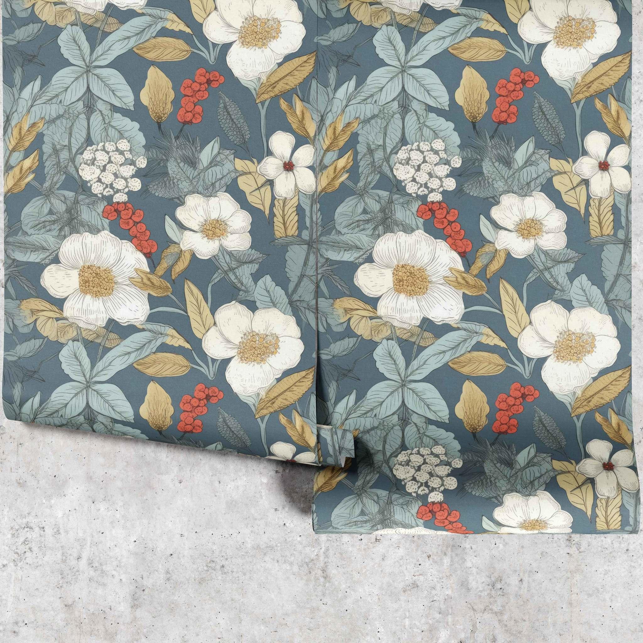 August Anemone Wallpaper panels showing detailed blue floral botanical pattern