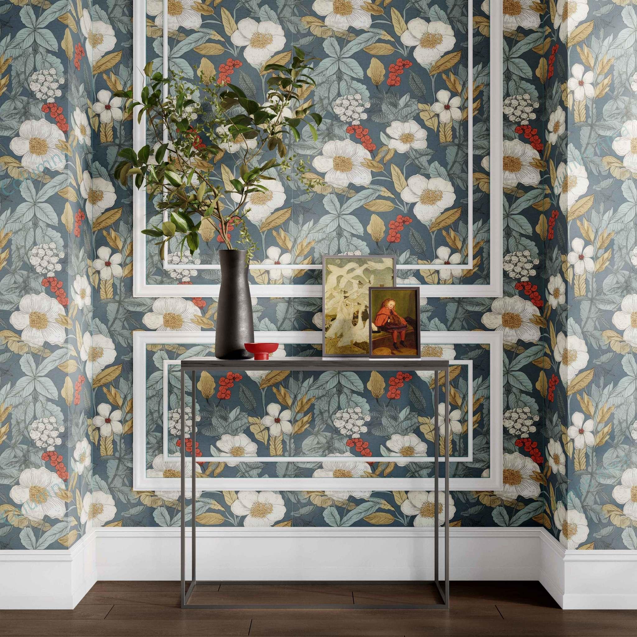 August Anemone Wallpaper styled in a living room with bold blue background and white anemone flowers