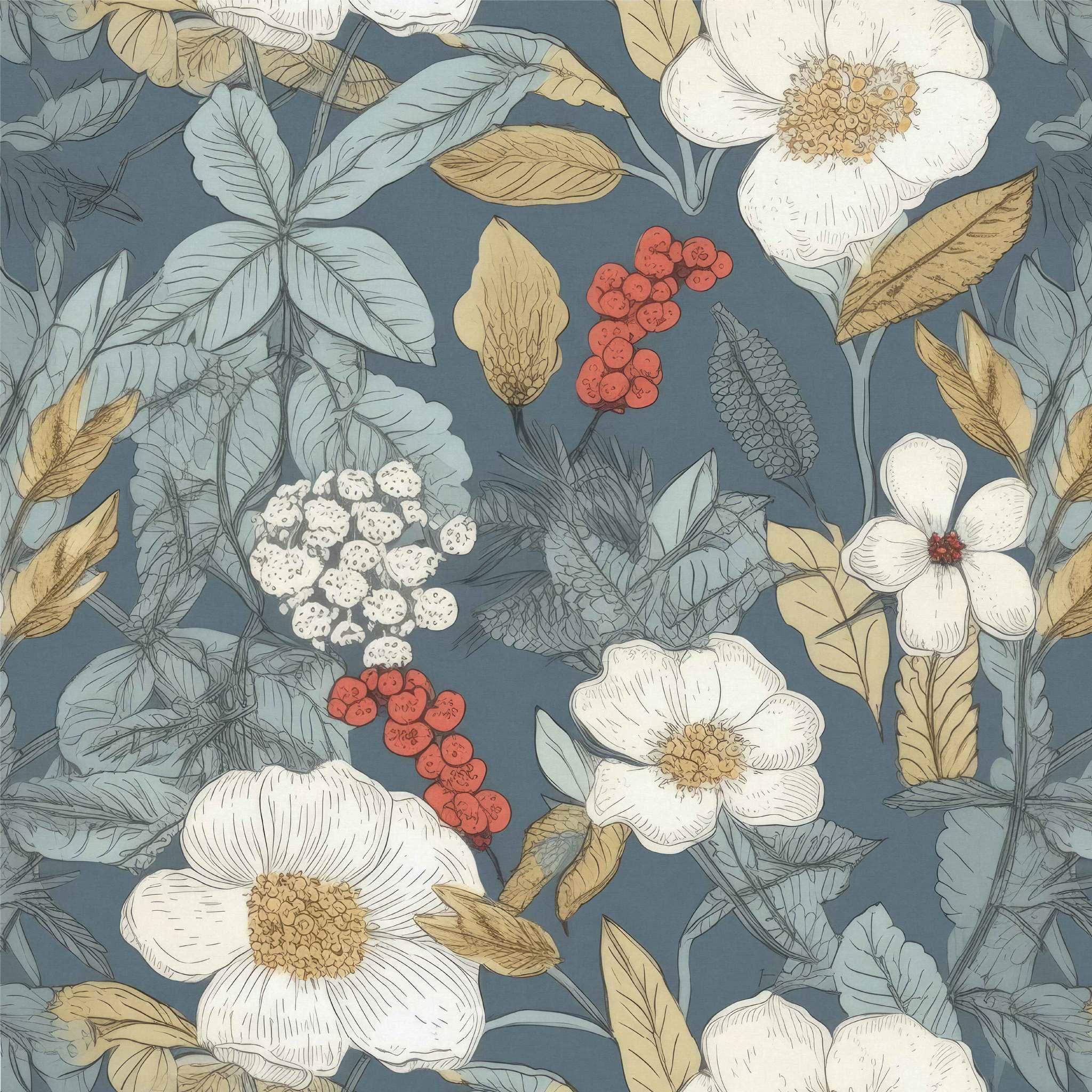 August Anemone Wallpaper swatch in blue with white floral and botanical design