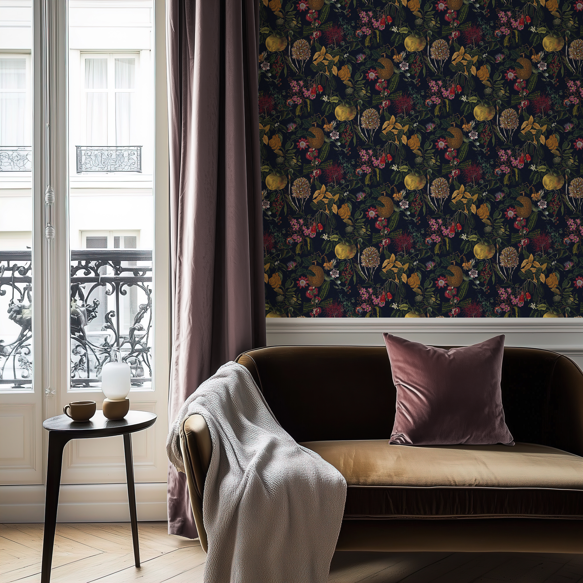 A French-style living room with moody lack wallpaper and velvet sofa - Huggleberry Hill