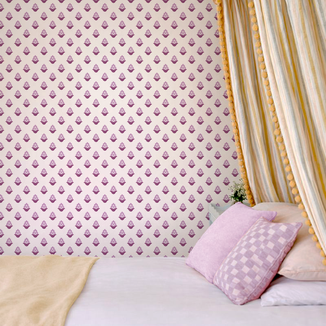 Blooming Verbena wallpaper in purple styled in a soft girls bedroom with yellow canopy curtains, pink pillows, and layered bedding