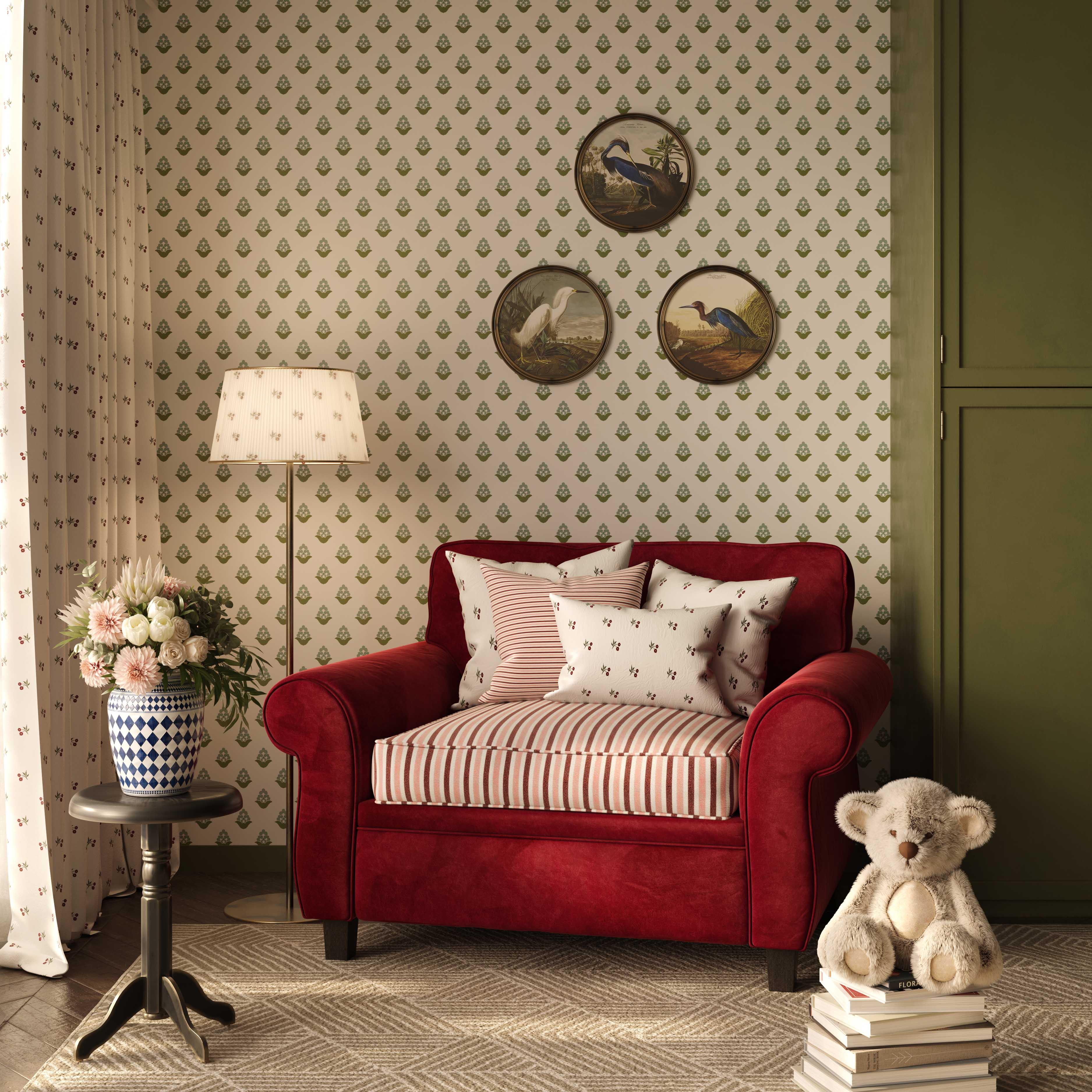 Blooming Verbena wallpaper in green styled in a floral interior