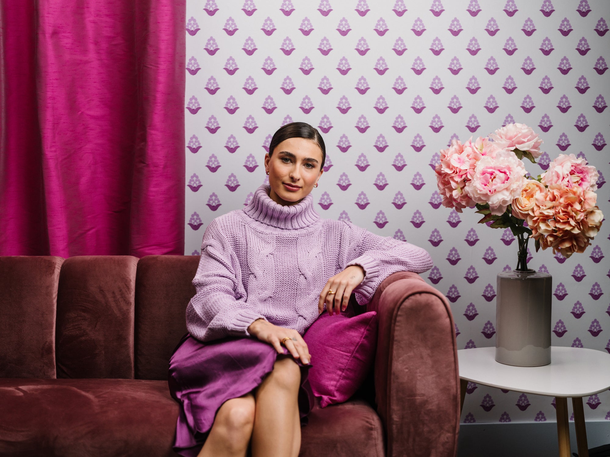 Blooming Verbena wallpaper in purple styled in a floral interior