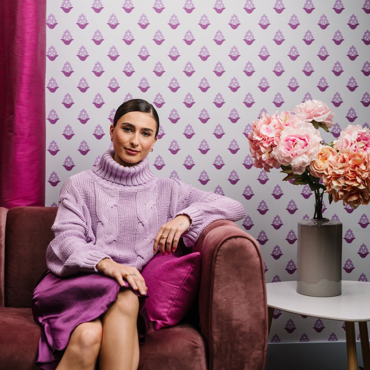 Blooming Verbena wallpaper in purple styled in a floral interior