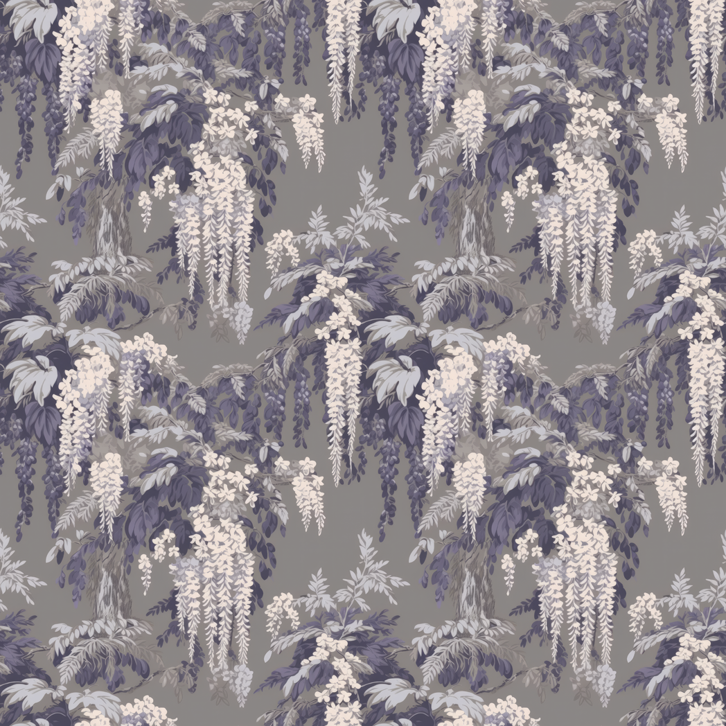 Blue Moon Wisteria wallpaper featuring cascading wisteria flowers and foliage in soft grey and purple tones on a muted background