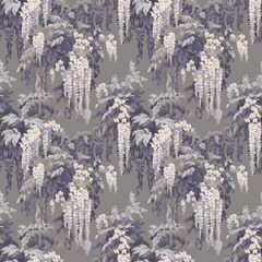 Blue Moon Wisteria wallpaper featuring cascading wisteria flowers and foliage in soft grey and purple tones on a muted background