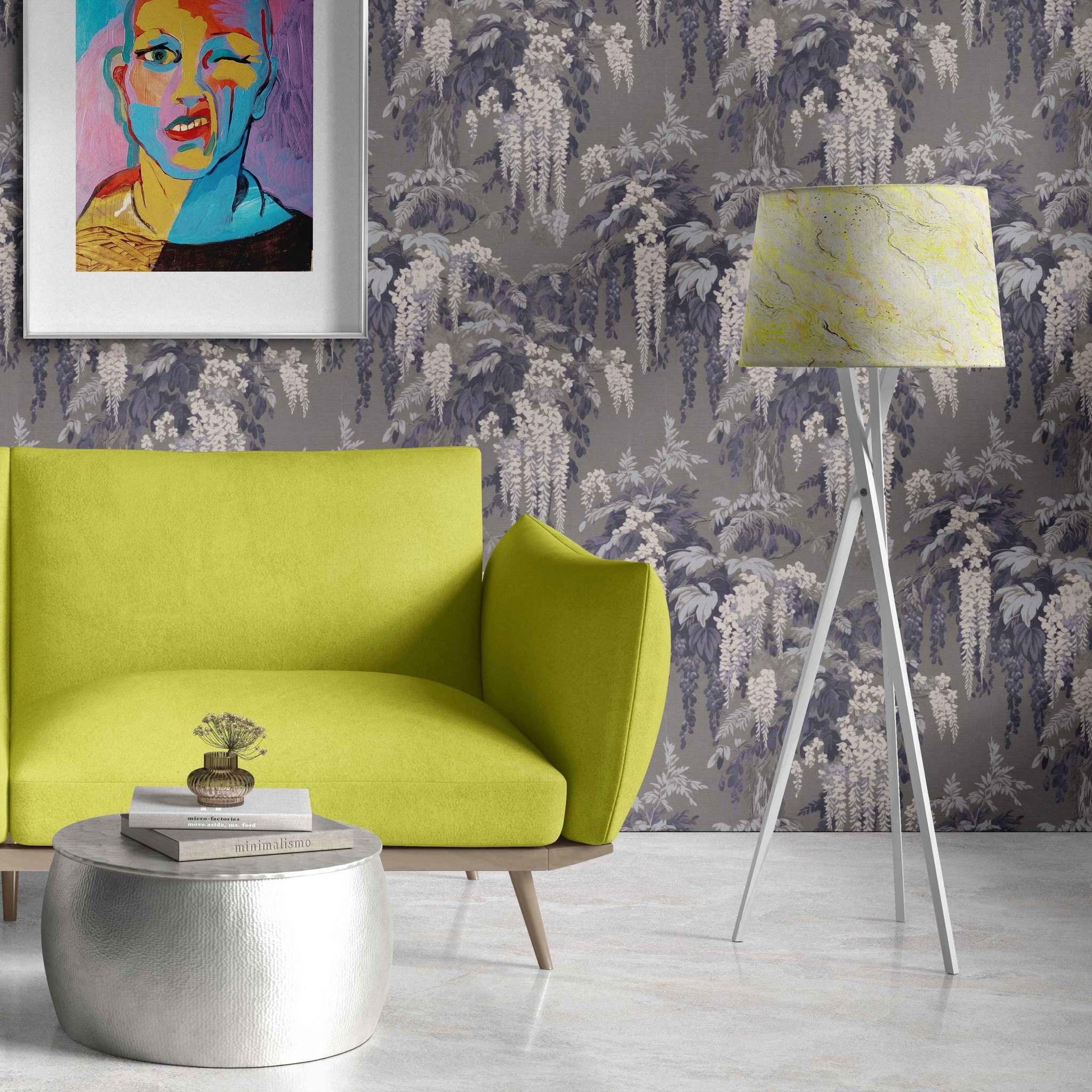 Blue Moon Wisteria Wallpaper styled interior – dramatic wisteria floral design on grey backdrop - Huggleberry Hill