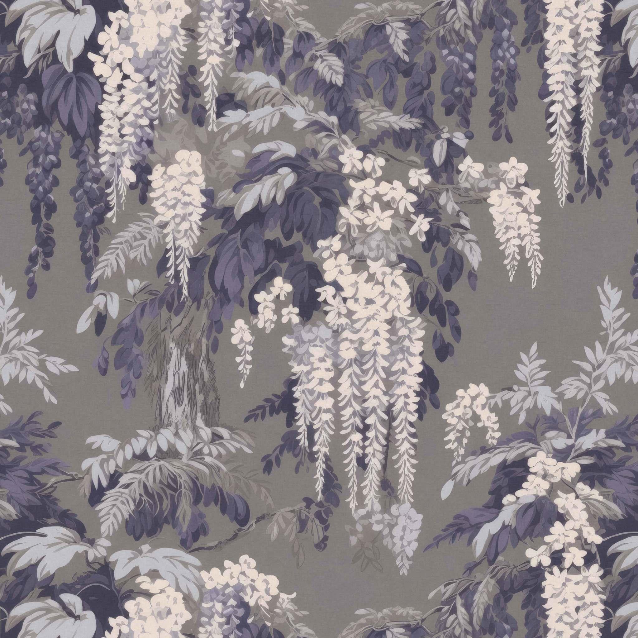 Blue Moon Wisteria Wallpaper swatch – grey background with cascading indigo and lavender blooms - Huggleberry Hill