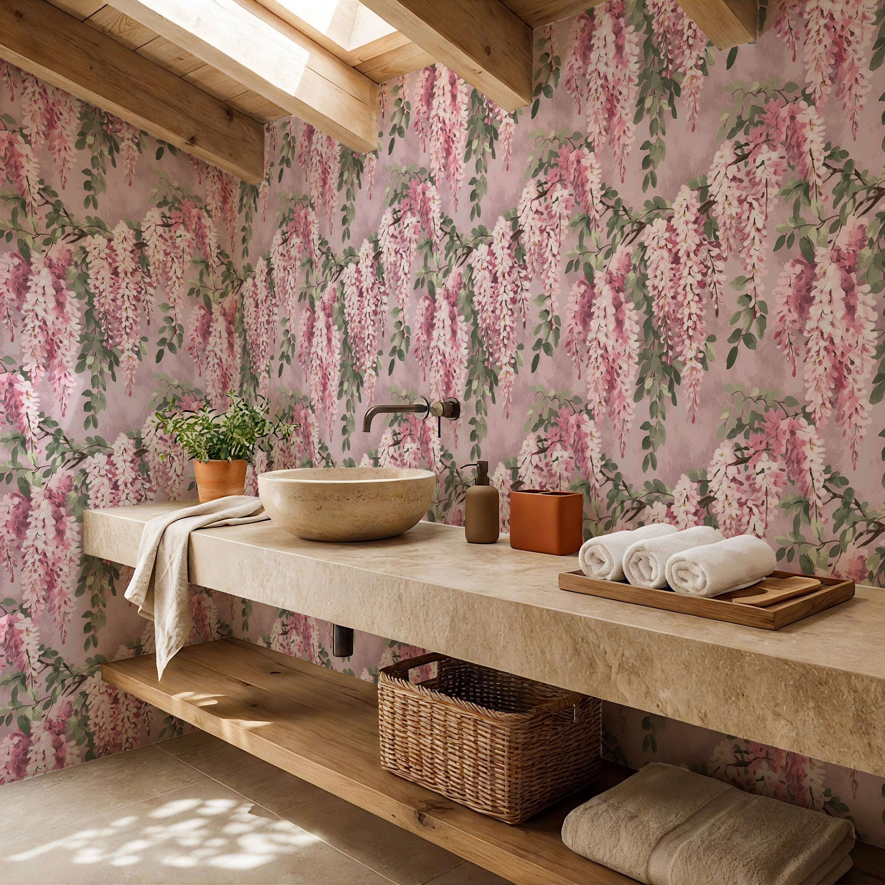 A beautiful stone bathroom sink against a pink wisteria floral wallpaper with light beaming in from the ceiling