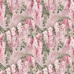 Wallpaper pattern of pink wisteria flowers on a light background