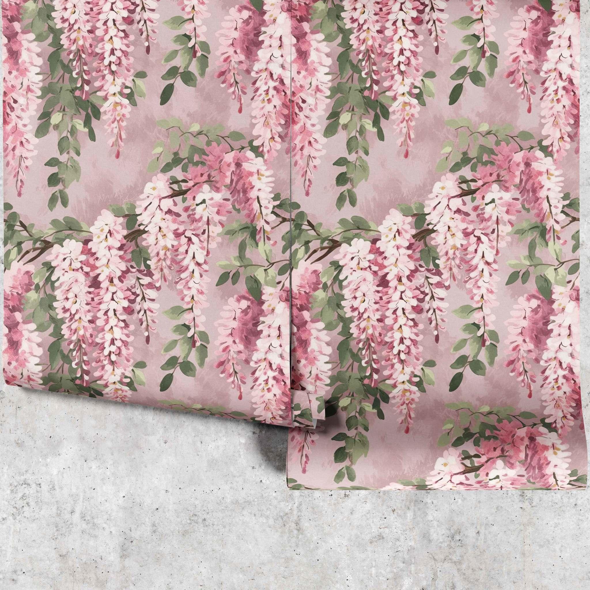 Blushious Wisteria Wallpaper panel – cascading painterly pink blooms with green leaves - Huggleberry Hill