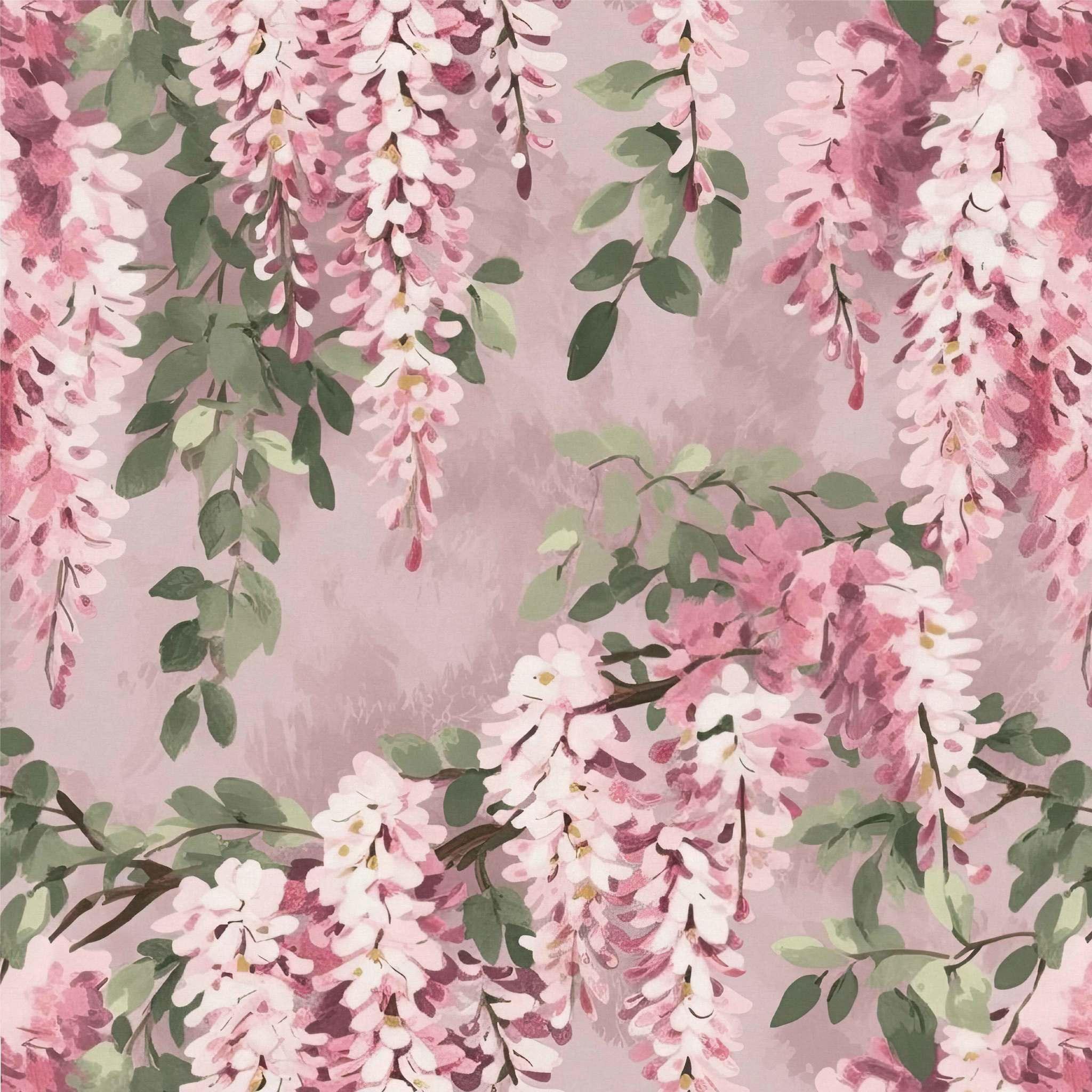 Blushious Wisteria Wallpaper swatch – mauve background with cascading blush pink flowers - Huggleberry Hill