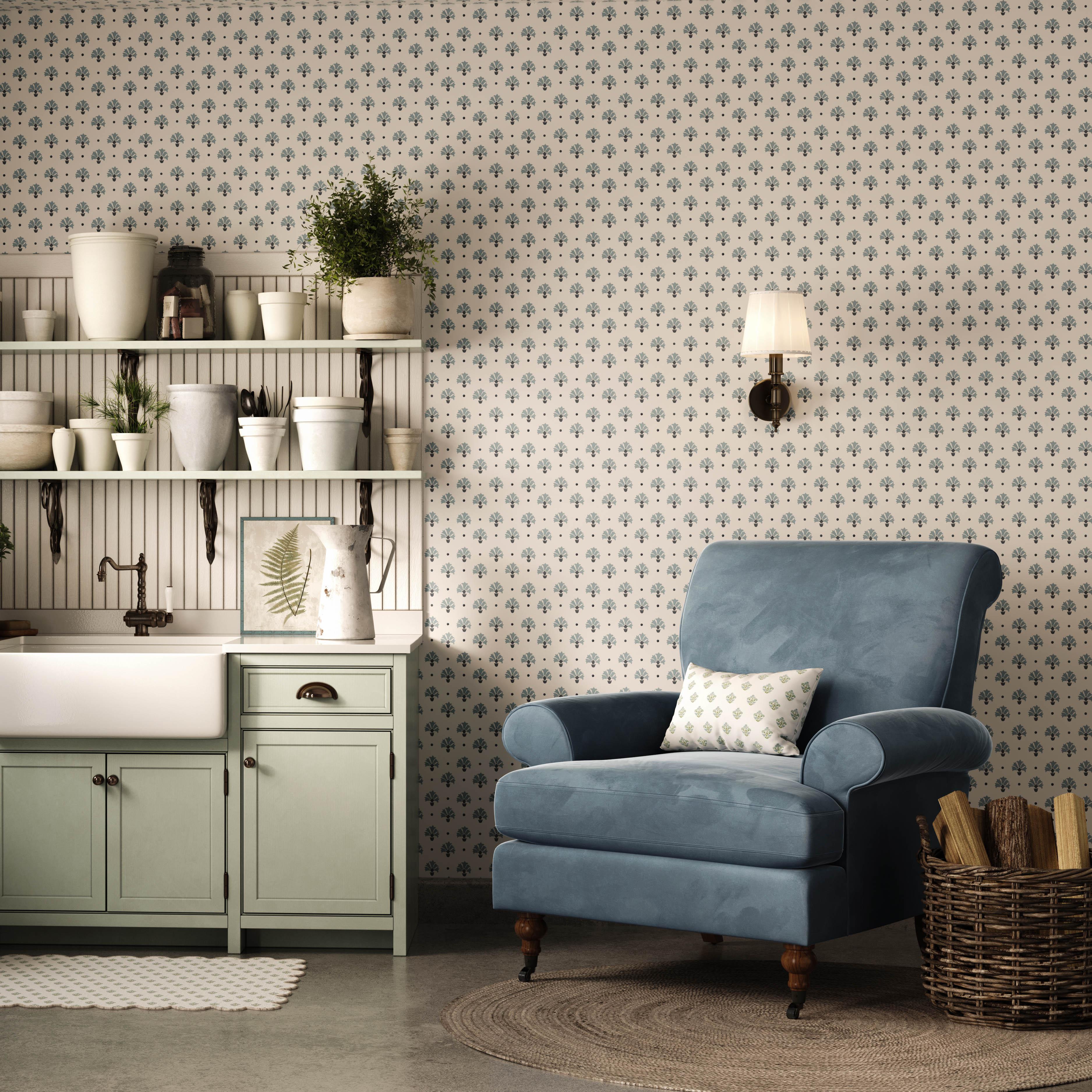 Buds in Blue wallpaper styled in a floral sunroom interior - Huggleberry Hill