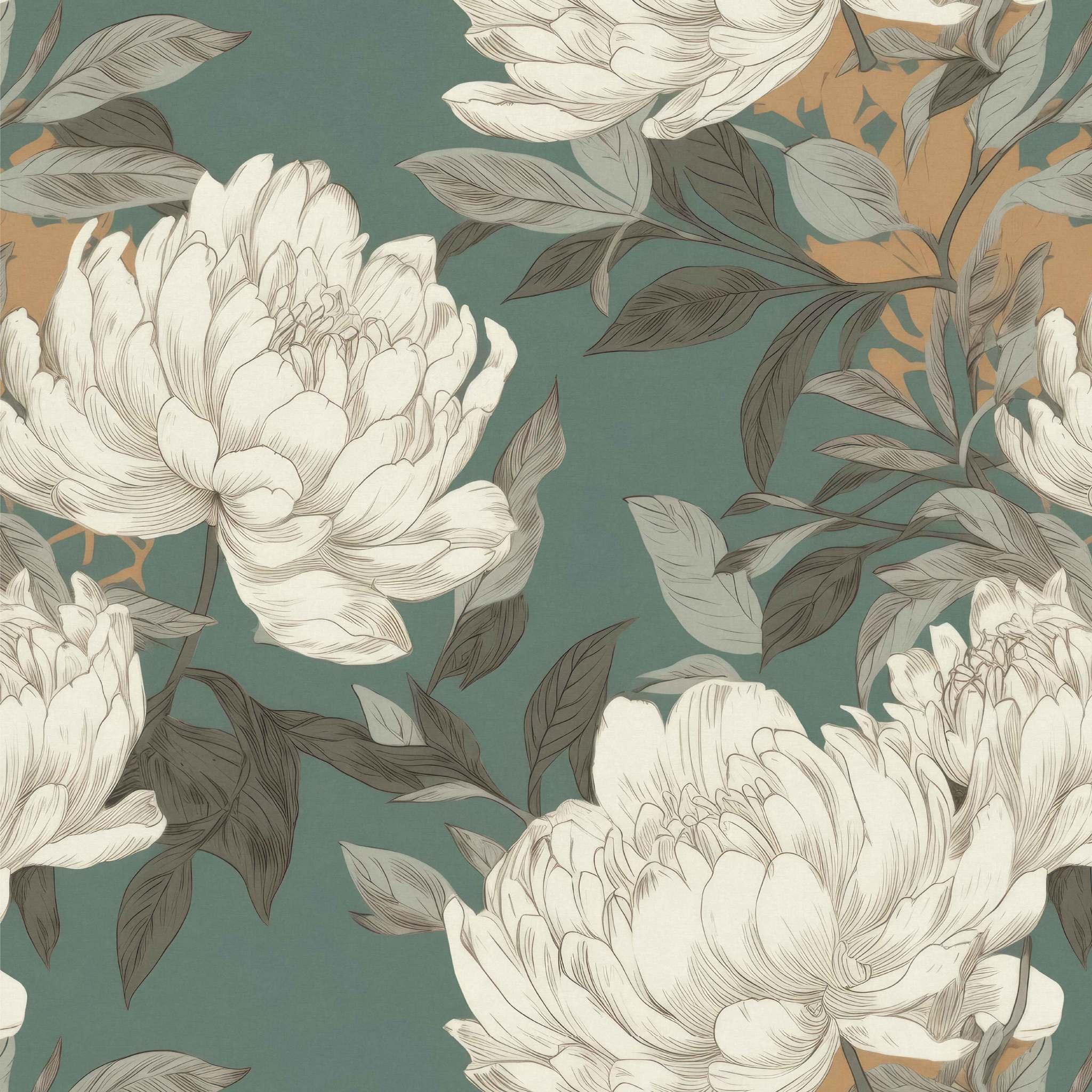 Bursting Beauty Wallpaper swatch with oversized cream peonies on green background