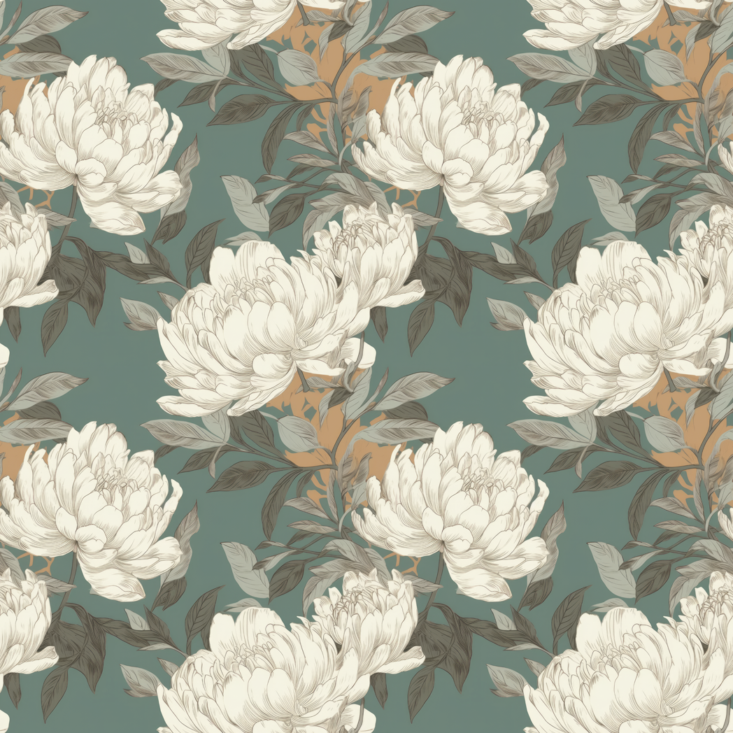 Floral pattern with white flowers and green leaves on a teal background