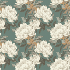 Floral pattern with white flowers and green leaves on a teal background