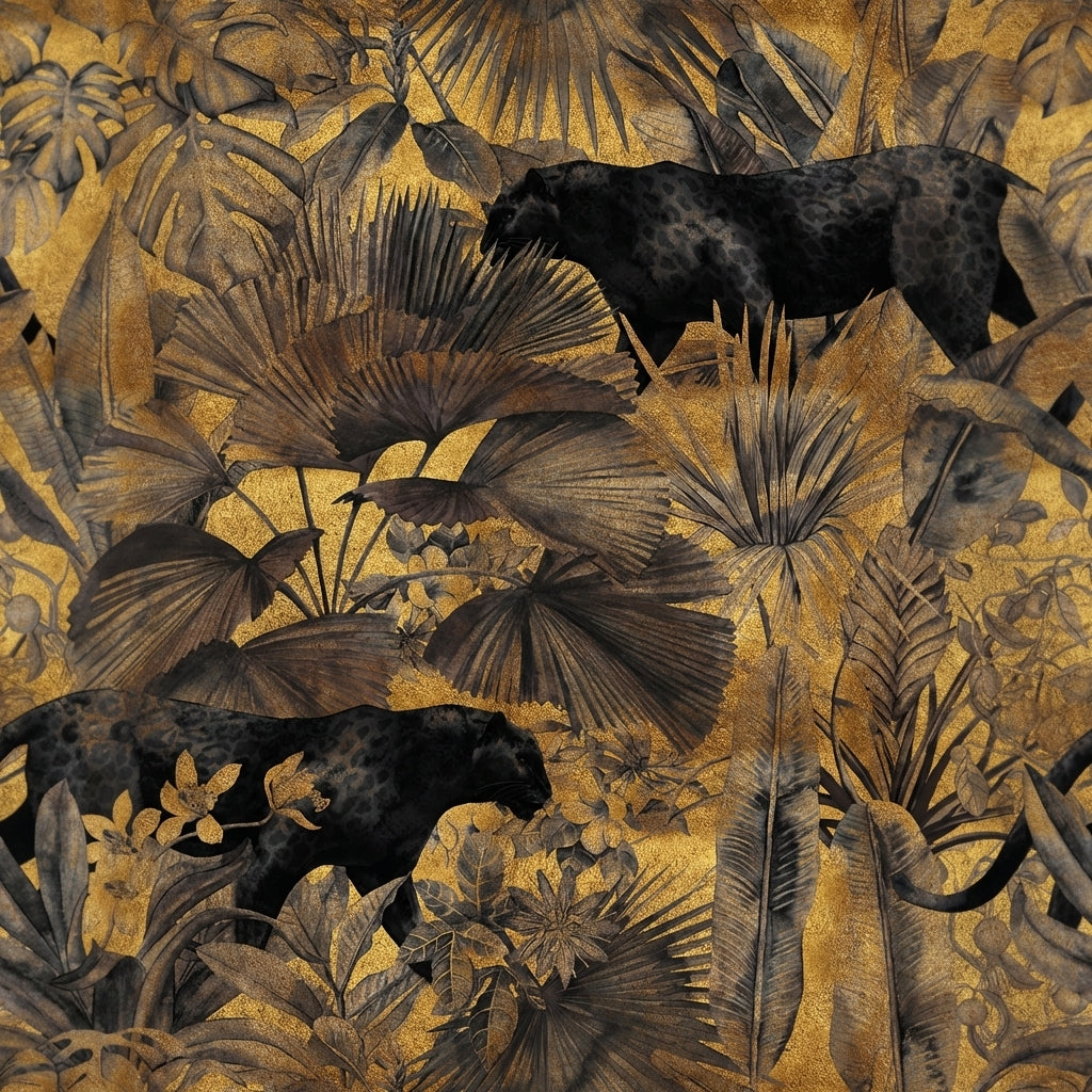 Hyper-realistic close-up of miniature jungle panther wallpaper showing intricate gold foliage and black panther motifs with metallic sheen and crisp detail.