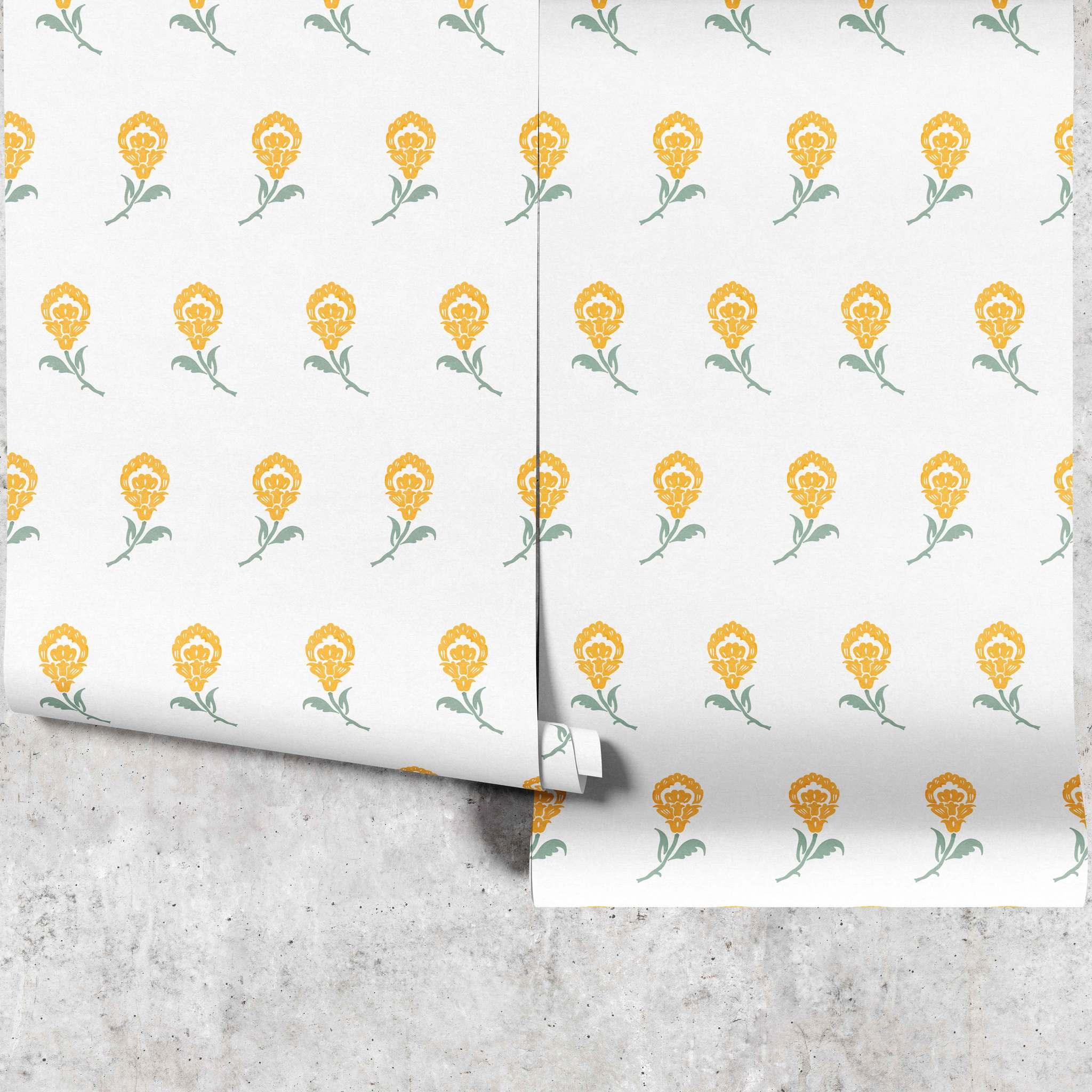 Dancing Iris wallpaper full panels in yellow showing repeating iris motif - Huggleberry Hill
