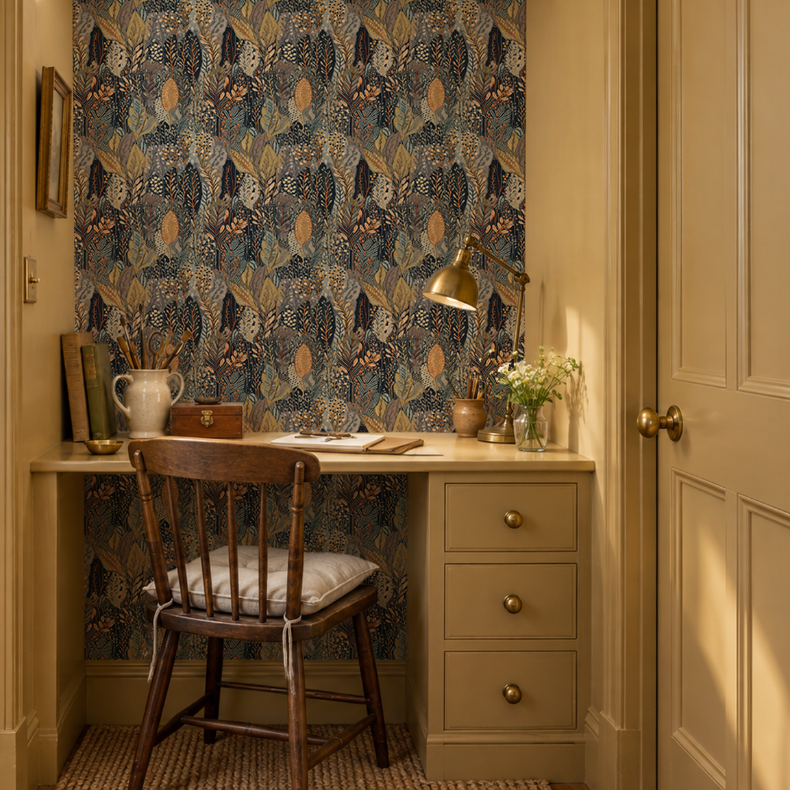 A hallway desk nook with light mustard paint and a dark woodland leaf wallpaper