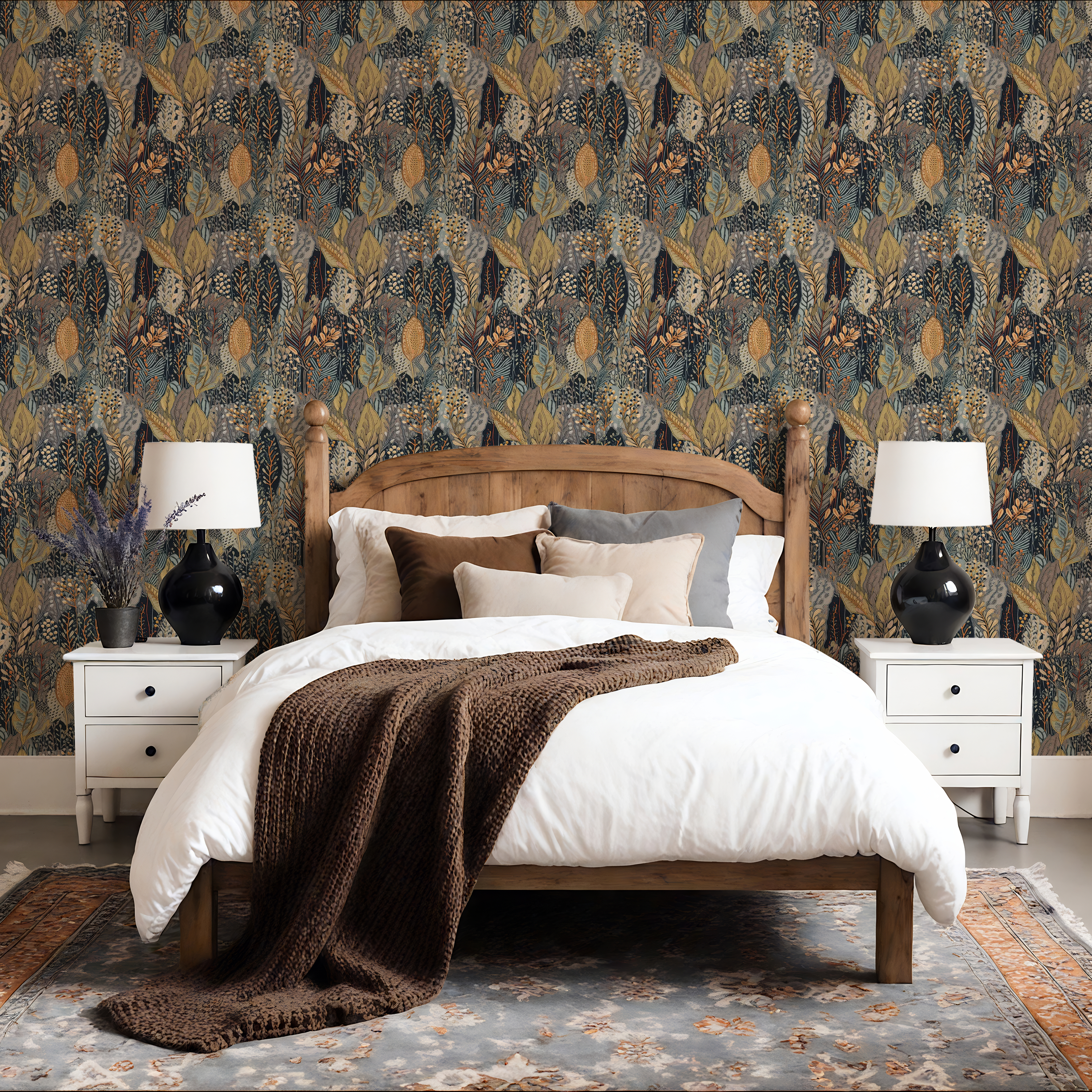 Bedroom with floral wallpaper, wooden bed, and white nightstands.