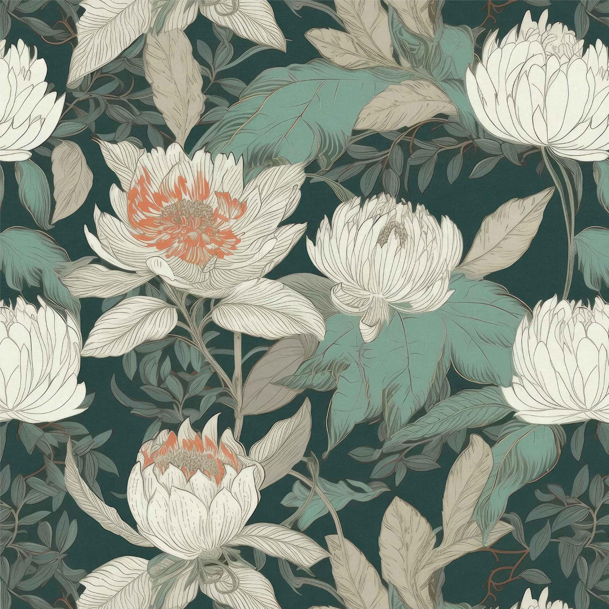 Emerald Melody Wallpaper swatch with oversized cream and coral florals on emerald background - Huggleberry Hill