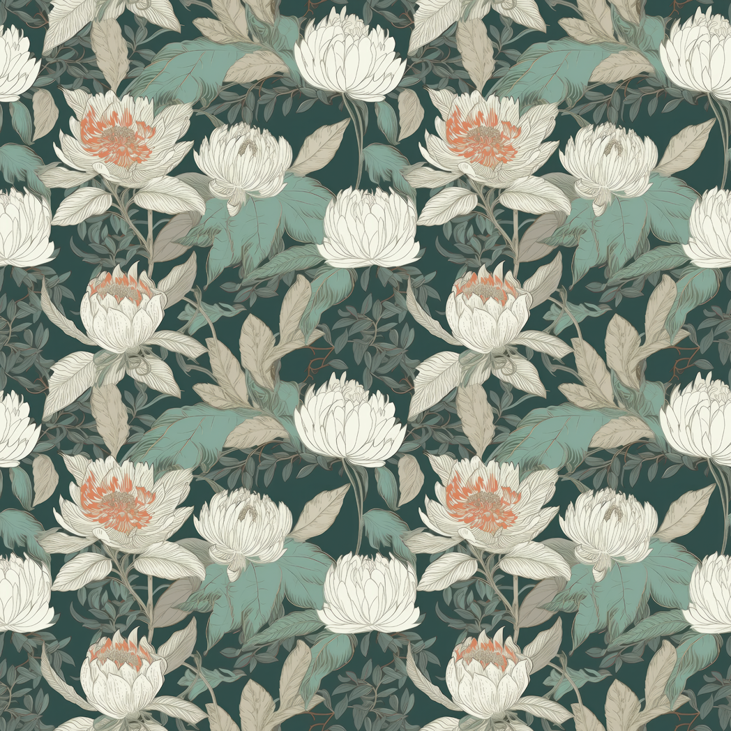 closeup pattern of emerald melody wallpaper showing white peonies against a rich green background
