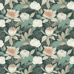 closeup pattern of emerald melody wallpaper showing white peonies against a rich green background
