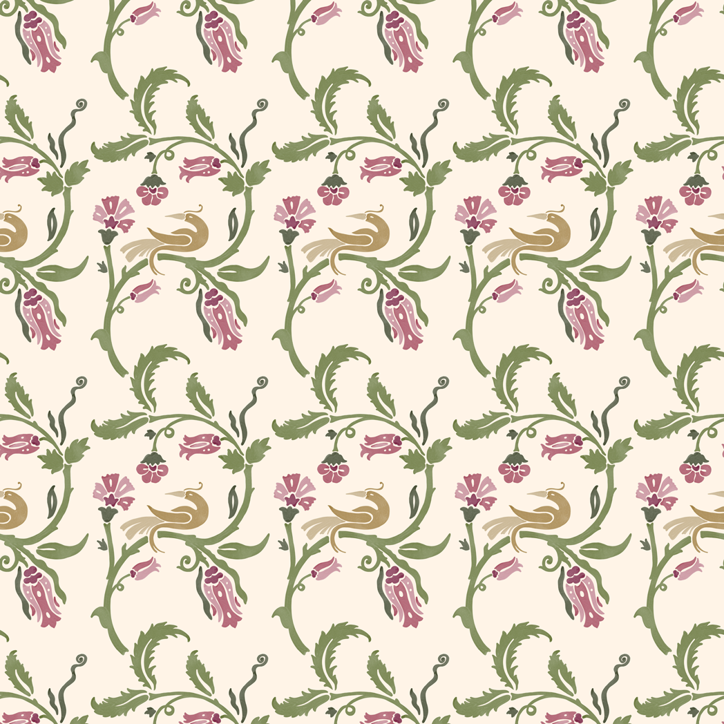 Decorative pattern with birds and flowers on a light background