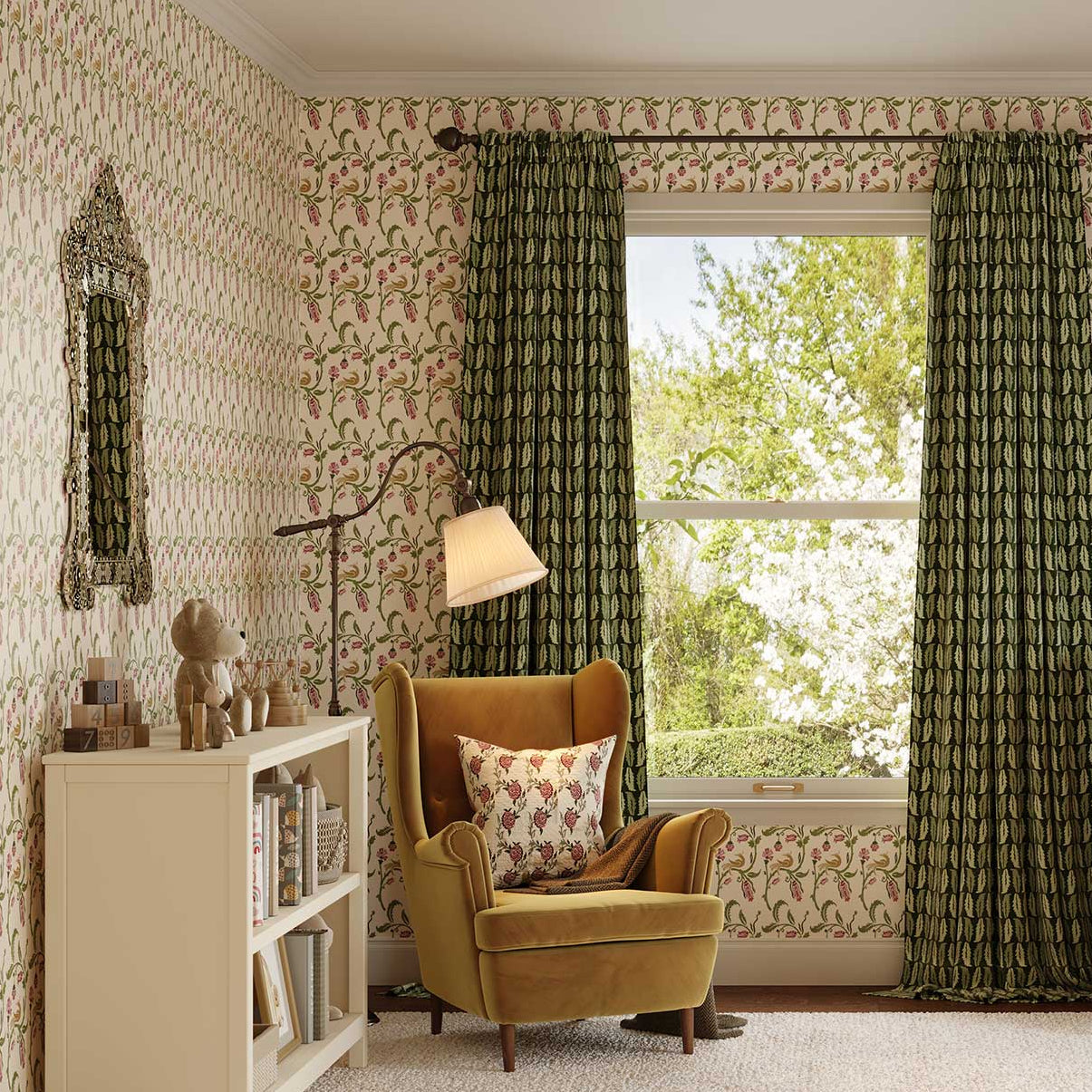 Nursery room with floral wallpaper, a crib, and armchair.