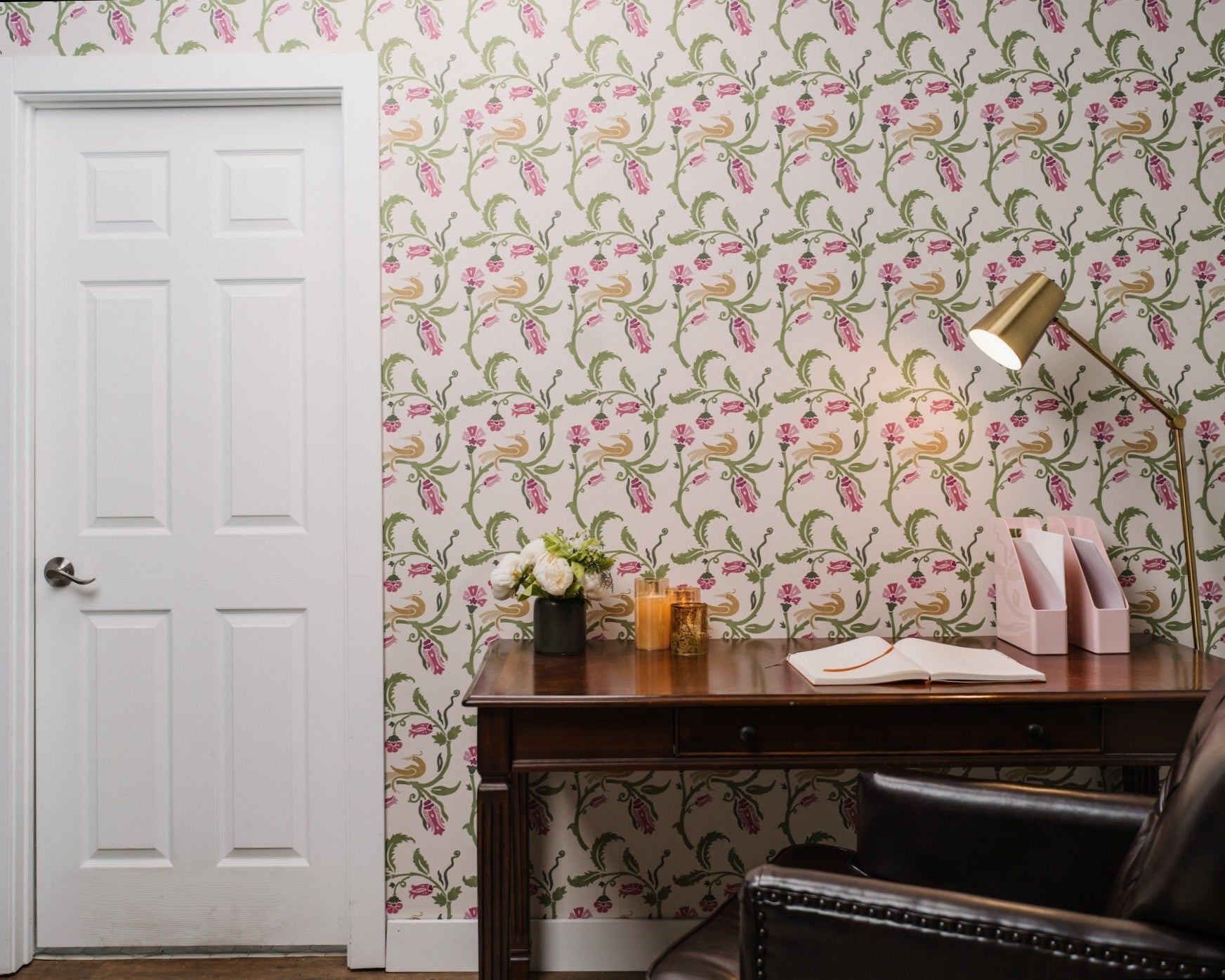 nchanted Honeysuckle wallpaper styled in a vintage floral and bird home office - Huggleberry Hill