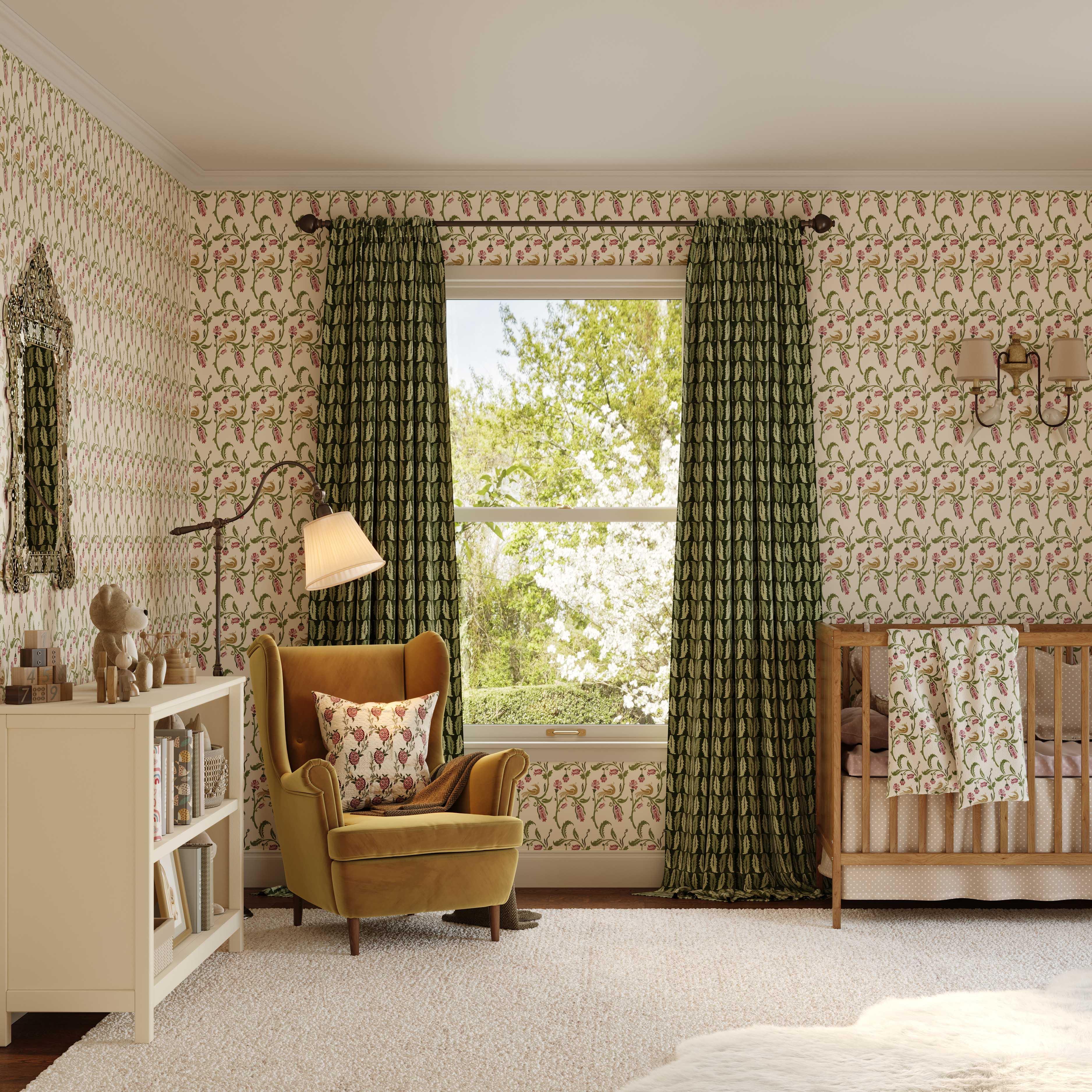 Enchanted Honeysuckle wallpaper styled in a vintage floral and bird interior - Huggleberry Hill