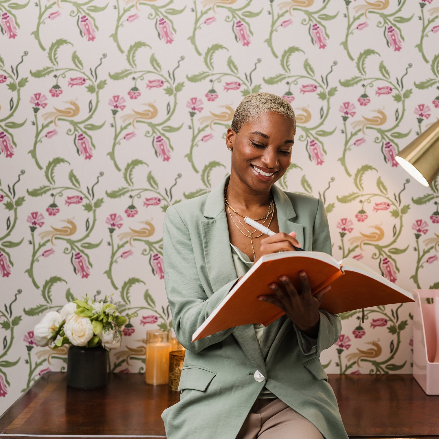 Enchanted Honeysuckle wallpaper styled in a vintage floral and bird home office - Huggleberry Hill