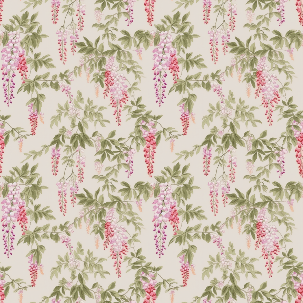 Pattern of wisteria flowers and leaves on a light background