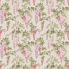 Pattern of wisteria flowers and leaves on a light background